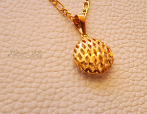 21K gold round eclipse 3d pendant with filigree chain gold jewelry 16 and 20 and 24 inches fast shipping with gift box