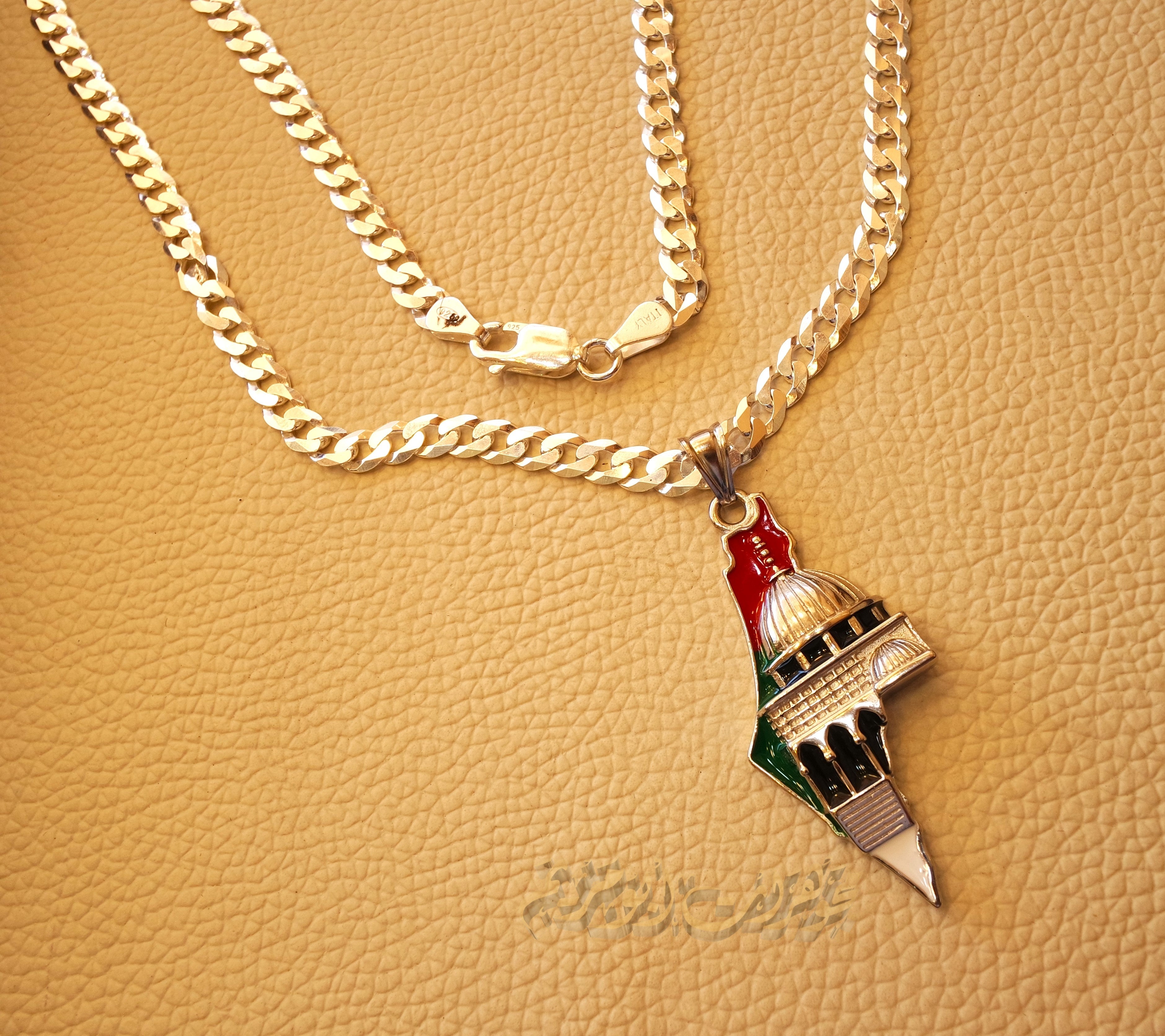 Big Palestine map with Aqsa mosque pendant with very thick chain  sterling silver 925 flag colors jewelry Arabic fast shipping خارطه و علم فلسطين