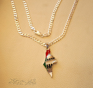 Big Palestine map with Aqsa mosque pendant with very thick chain  sterling silver 925 flag colors jewelry Arabic fast shipping خارطه و علم فلسطين