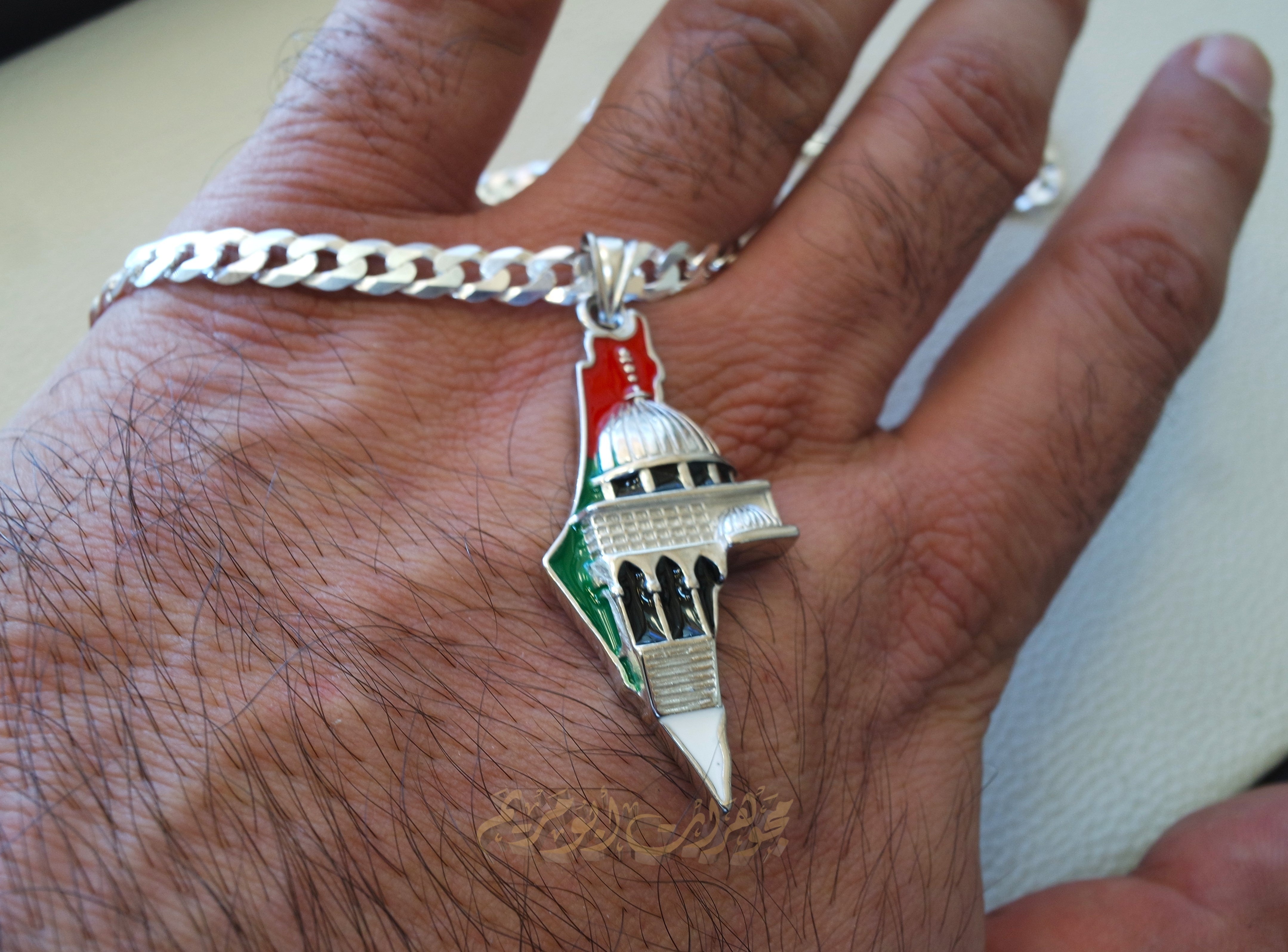 Big Palestine map with Aqsa mosque pendant with very thick chain  sterling silver 925 flag colors jewelry Arabic fast shipping خارطه و علم فلسطين