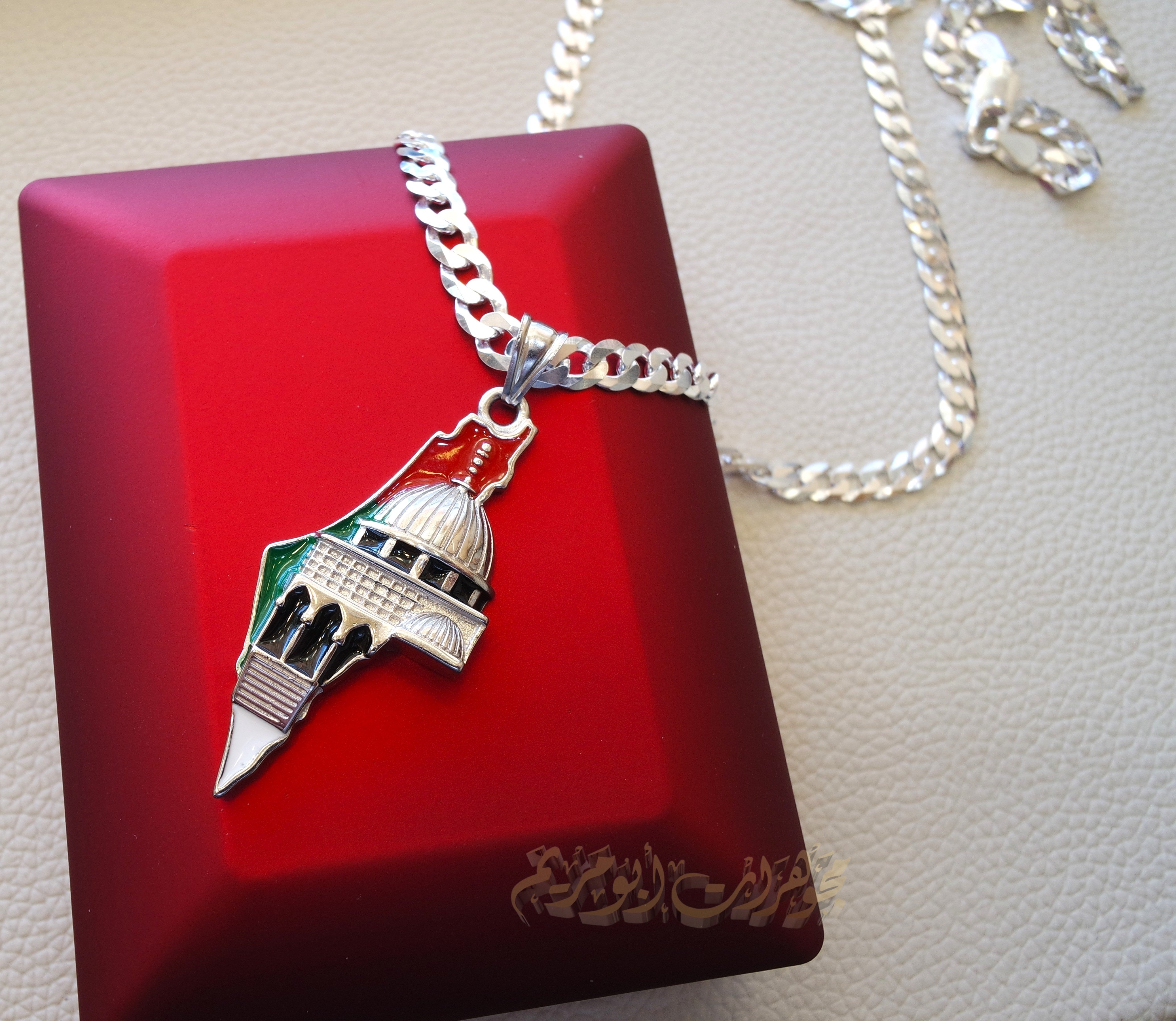 Big Palestine map with Aqsa mosque pendant with very thick chain  sterling silver 925 flag colors jewelry Arabic fast shipping خارطه و علم فلسطين