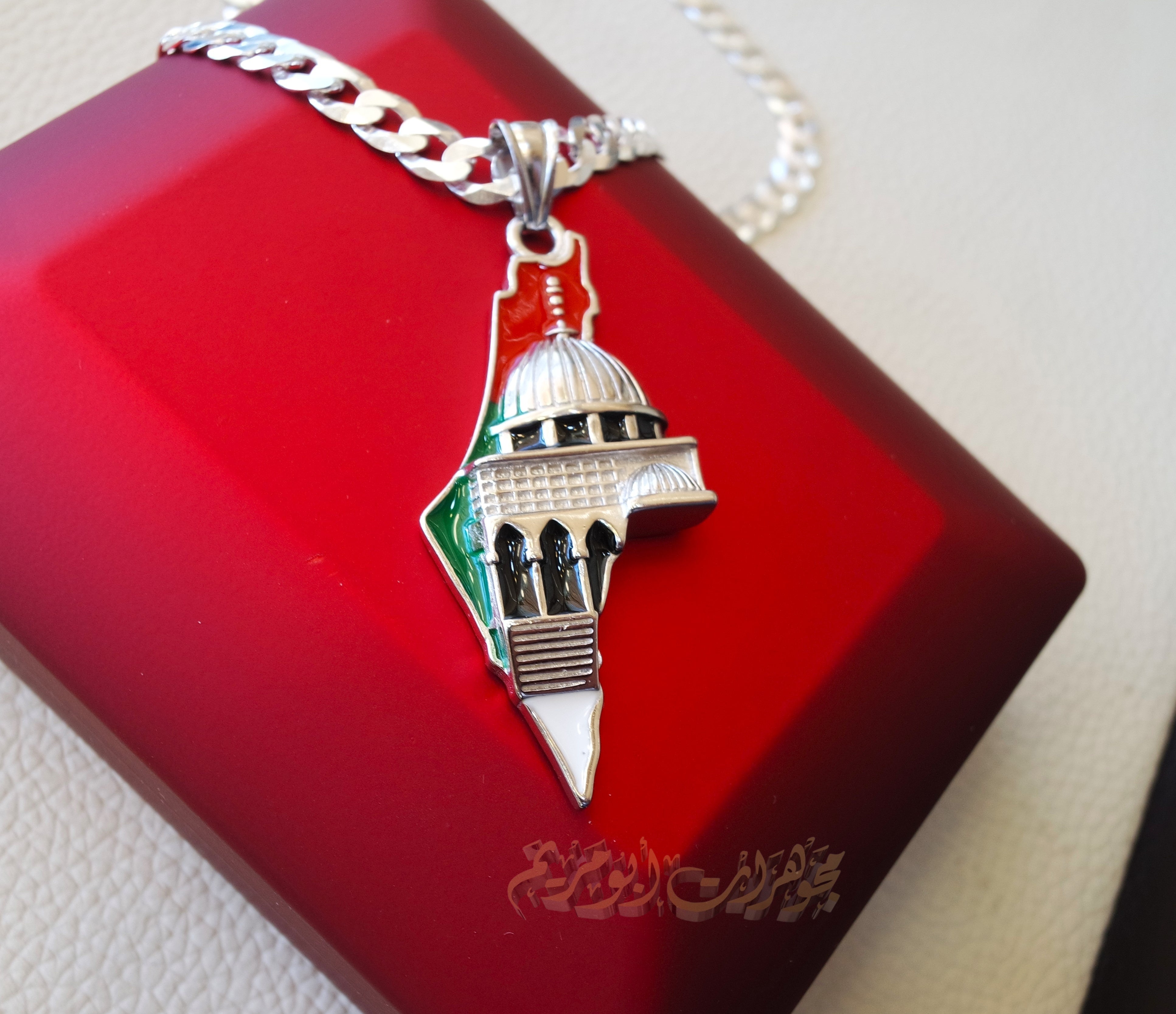 Big Palestine map with Aqsa mosque pendant with very thick chain  sterling silver 925 flag colors jewelry Arabic fast shipping خارطه و علم فلسطين