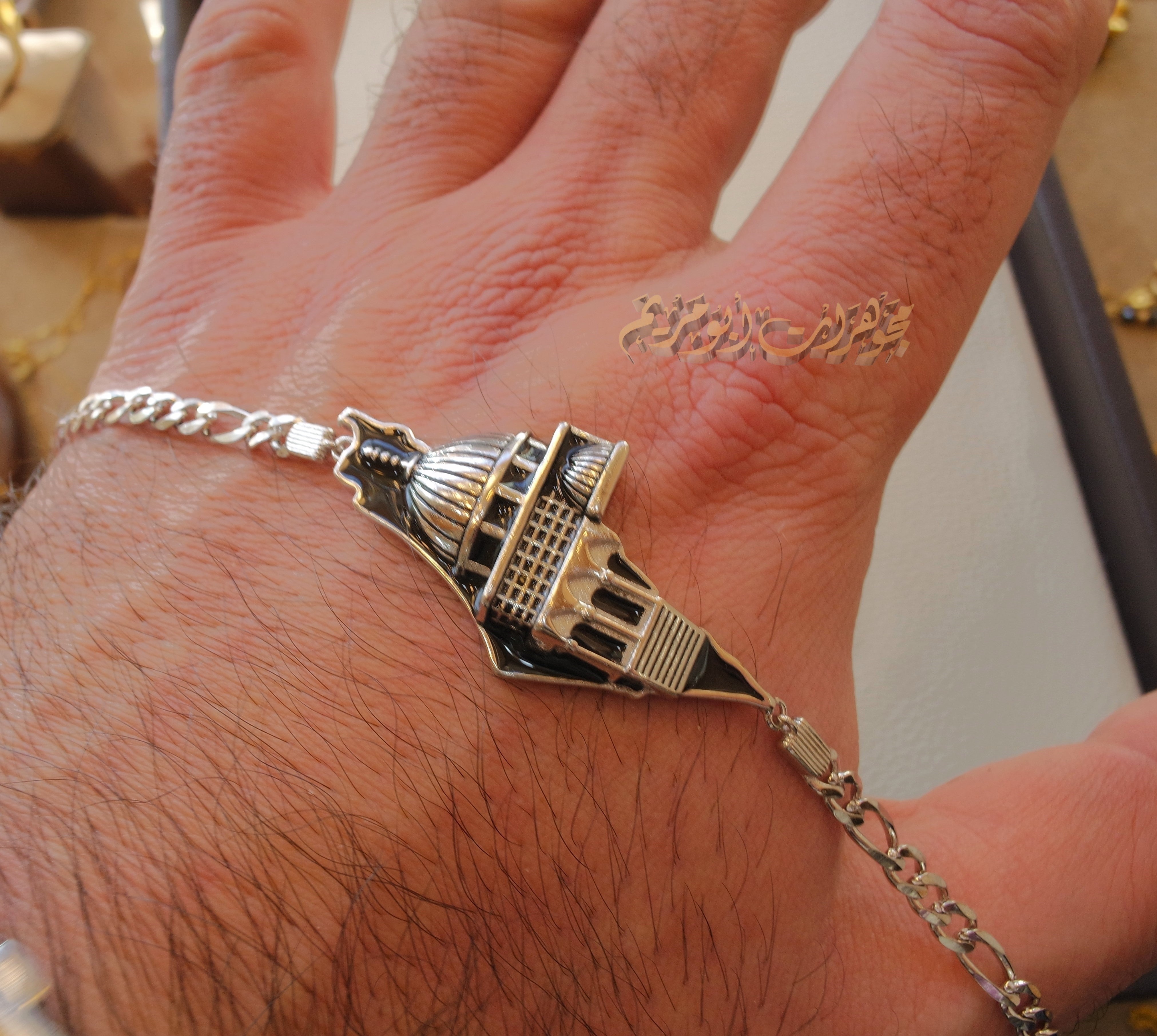 Big Palestine map with Aqsa mosque men women bracelet with thick chain sterling silver 925 white and black jewelry Arabic خارطه وعلم فلسطين