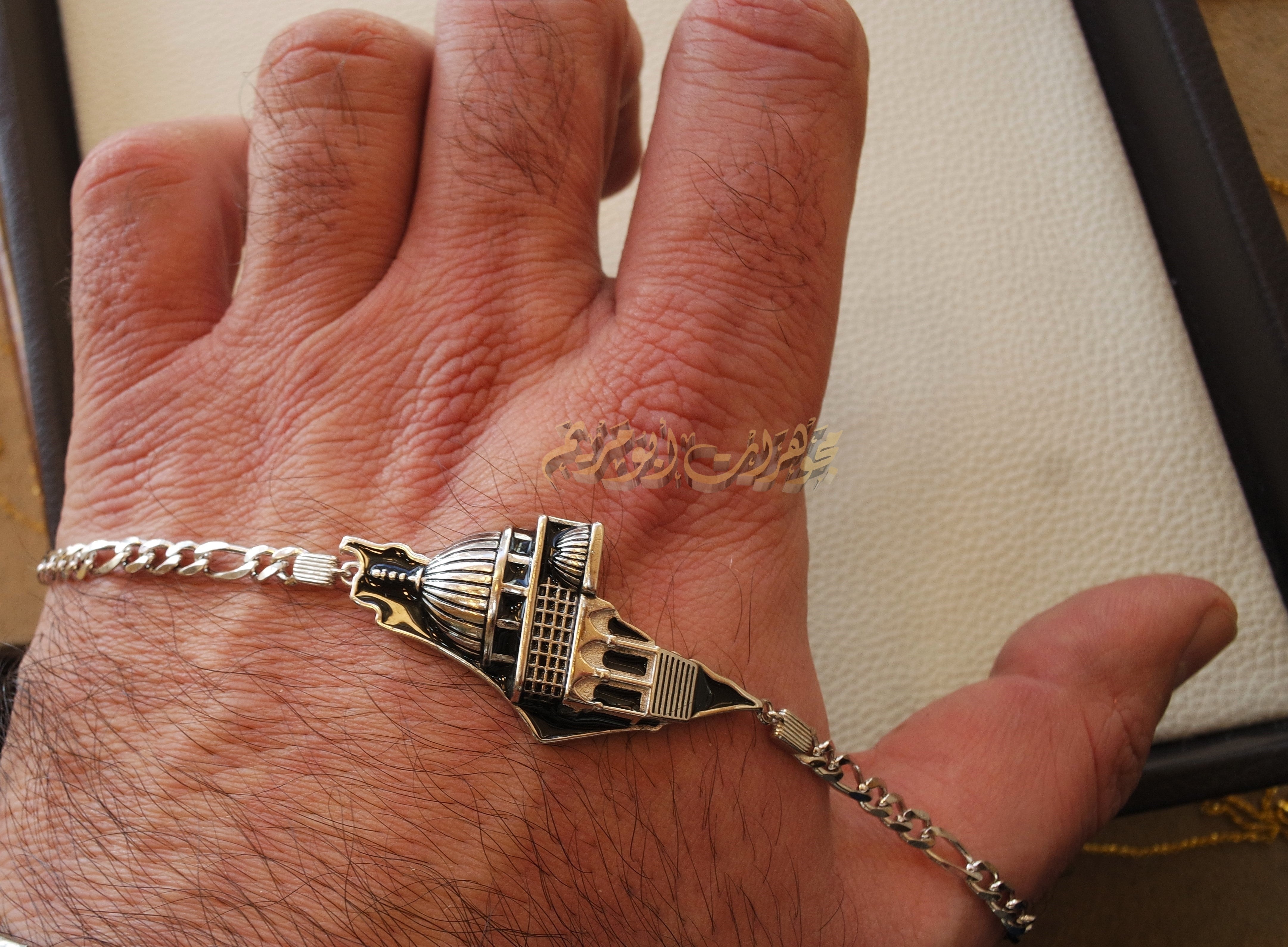 Big Palestine map with Aqsa mosque men women bracelet with thick chain sterling silver 925 white and black jewelry Arabic خارطه وعلم فلسطين