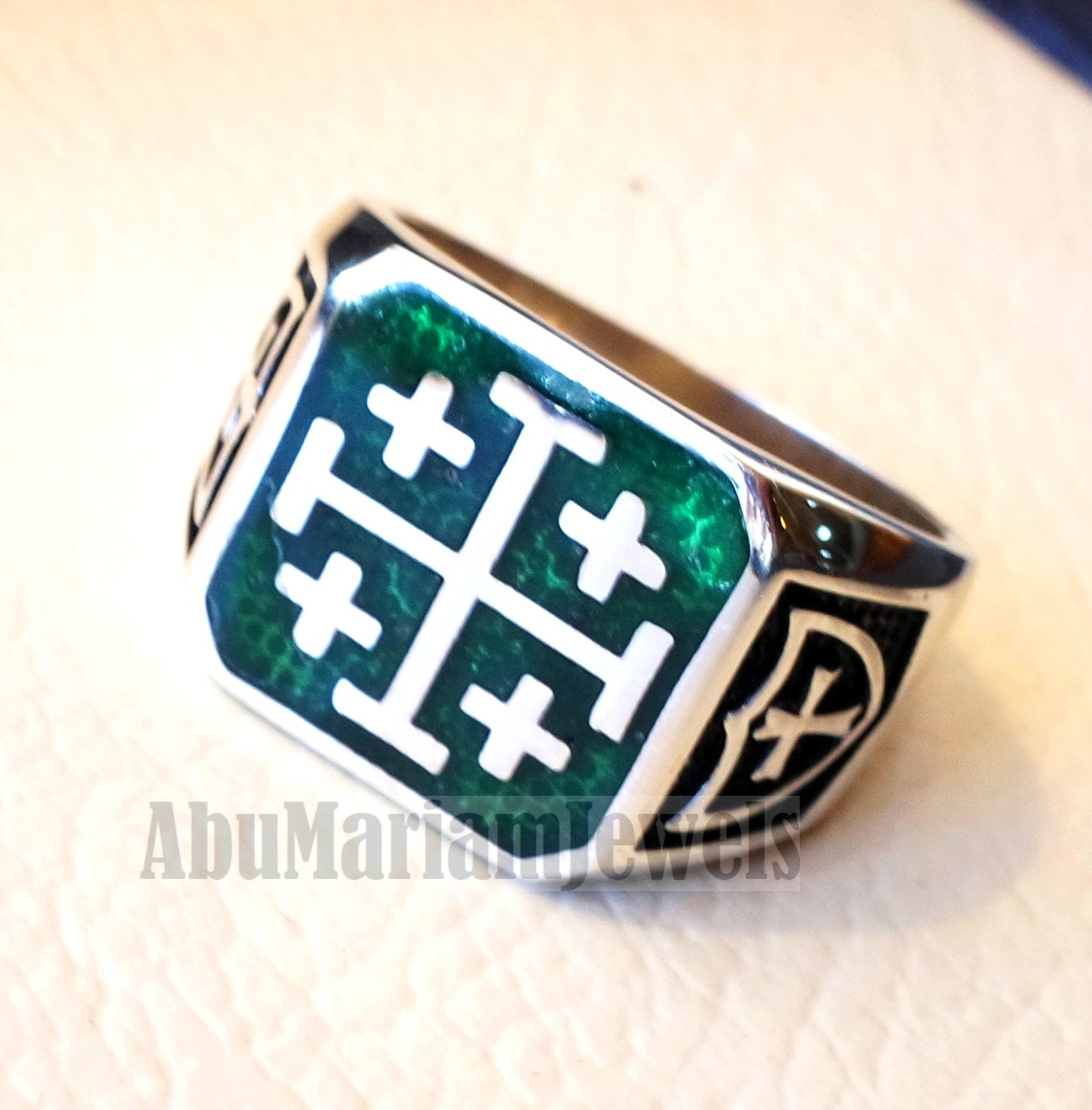 Jerusalem Cross ring christ christian symbol sterling silver 925 green enamel man gift jewelry fast shipping square shape Catholic Orthodox