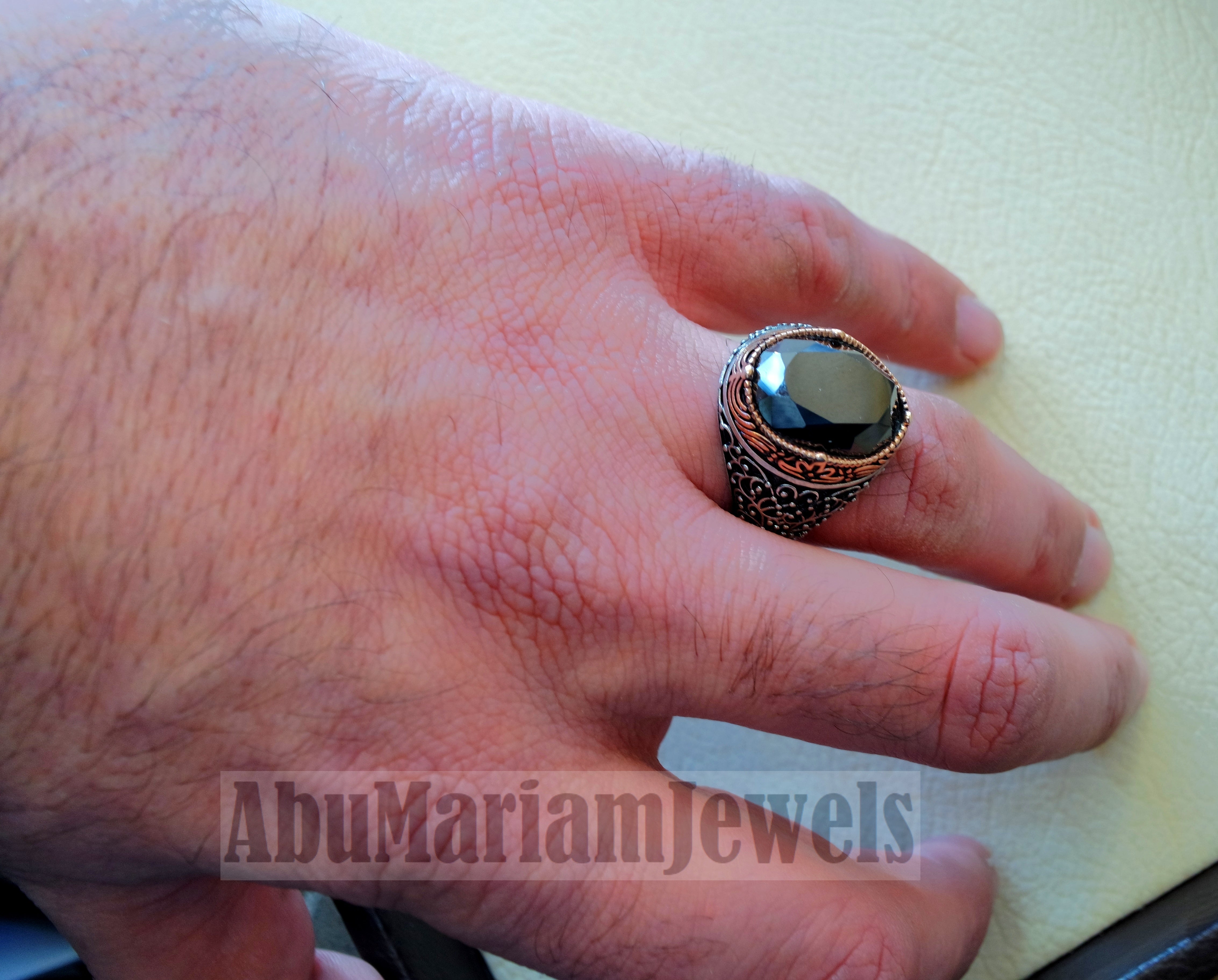 man ring sterling silver 925 and bronze oval black cubic zircon Cz identical to genuine diamond fast shipping all sizes ottoman style