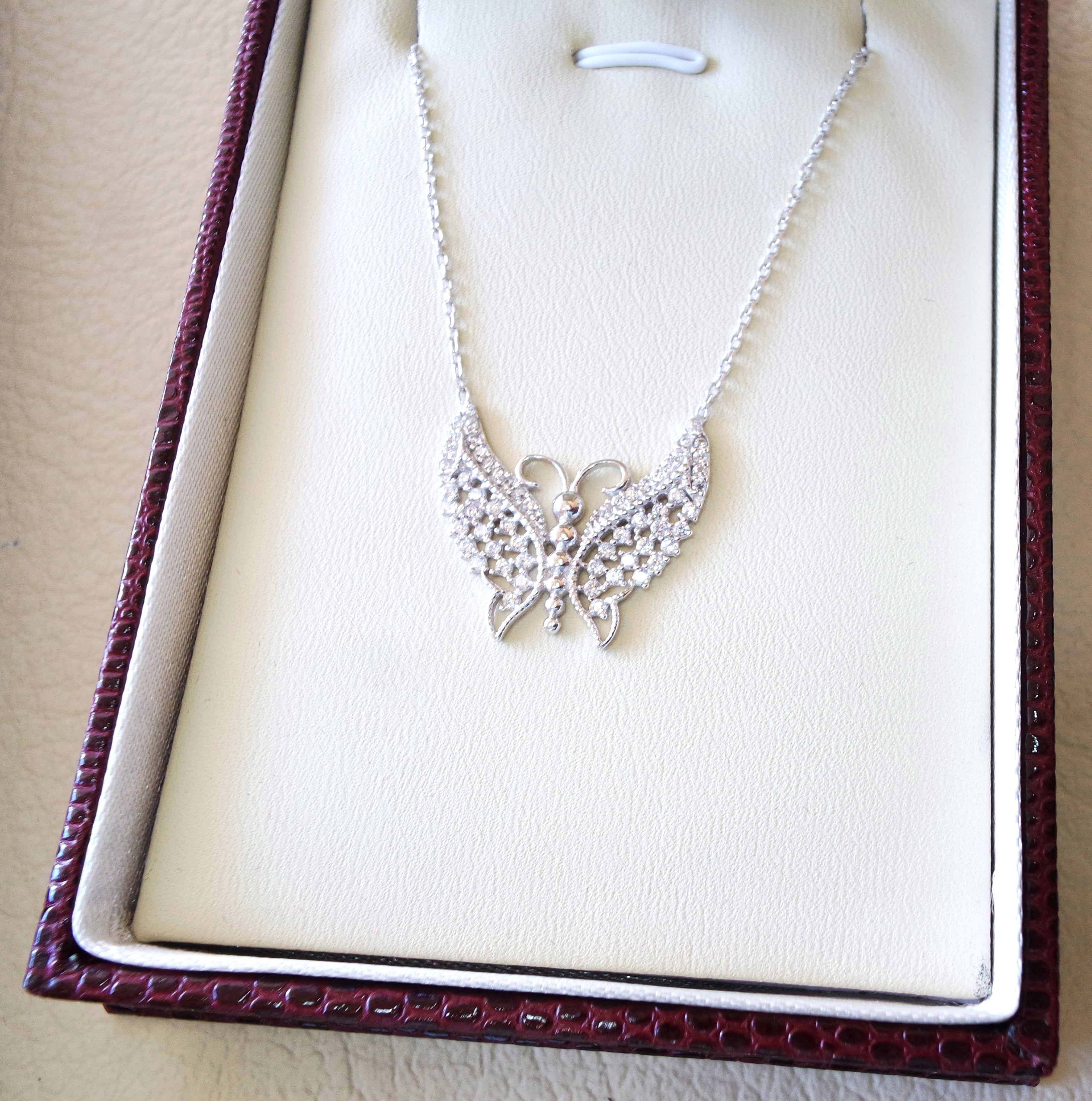 Butterfly necklace white cubic zirconia sterling silver 925 gift box fast shipping