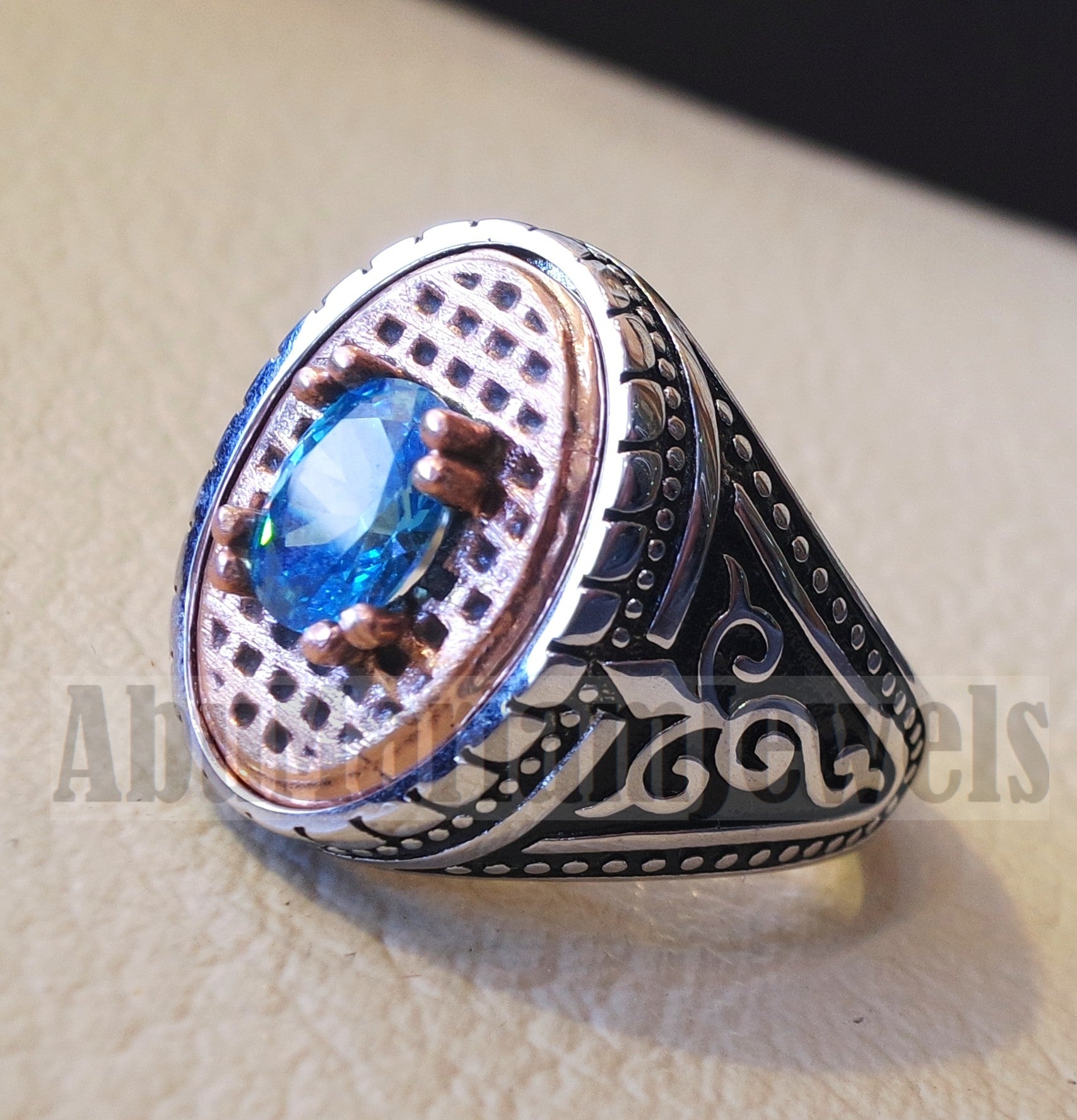 deep vivid sky blue cubic zirconia oval stone highest quality stone sterling silver 925 men ring and bronze frame all sizes jewelry Br102