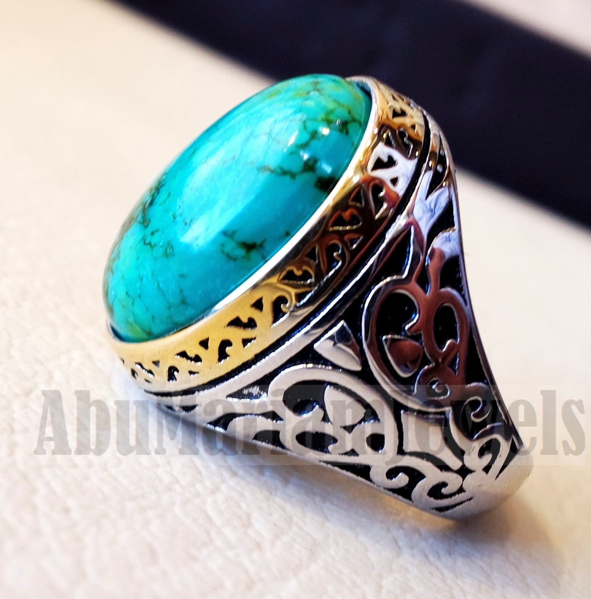 man ring nishapur tibet turquoise blue natural high quality stone sterling silver 925 and gold plated frame gem middle eastern style