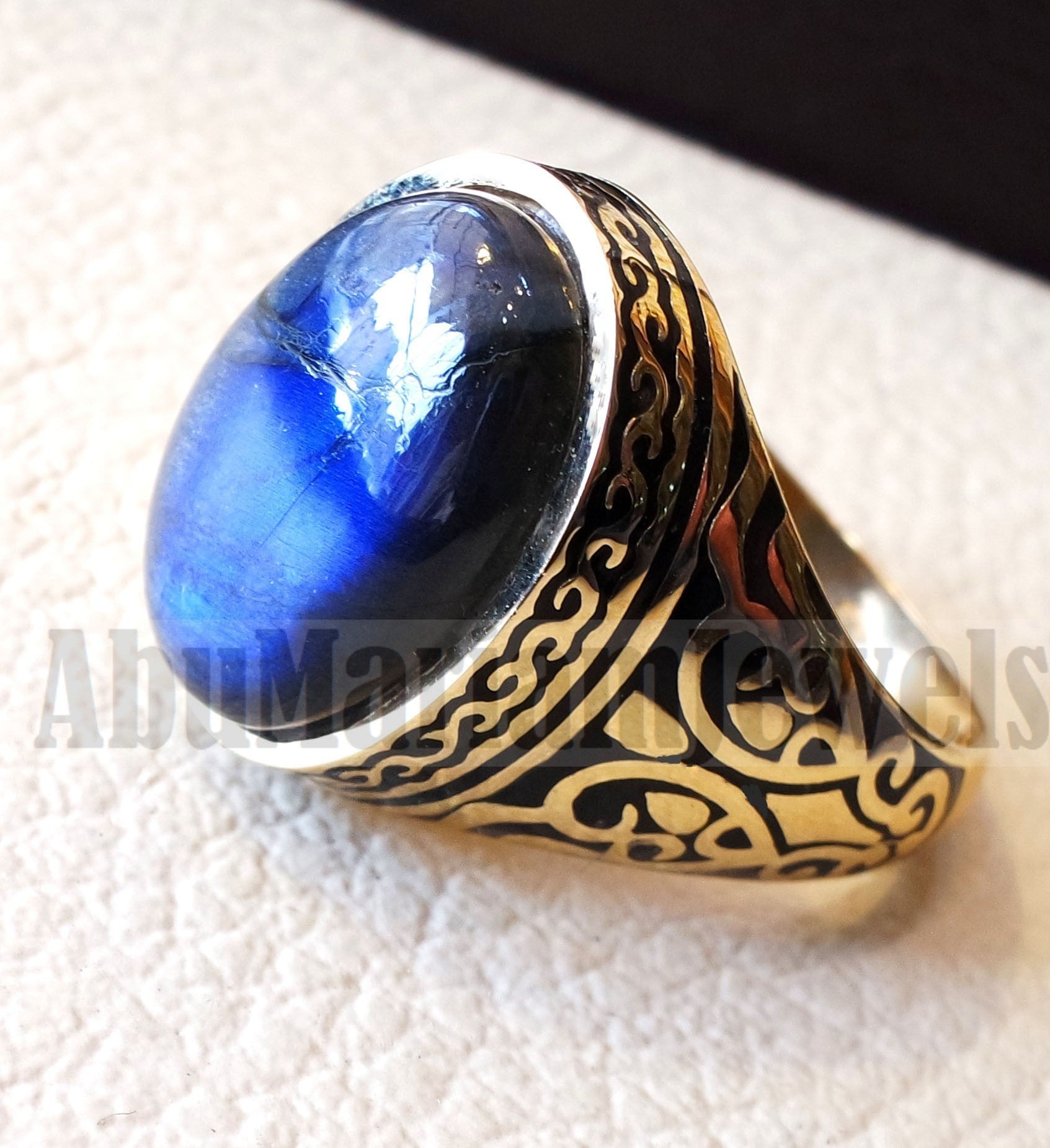 18k gold men ring Labradorite cabochon high quality flashy blue natural stone all sizes Ottoman signet style fine jewelry fast shipping