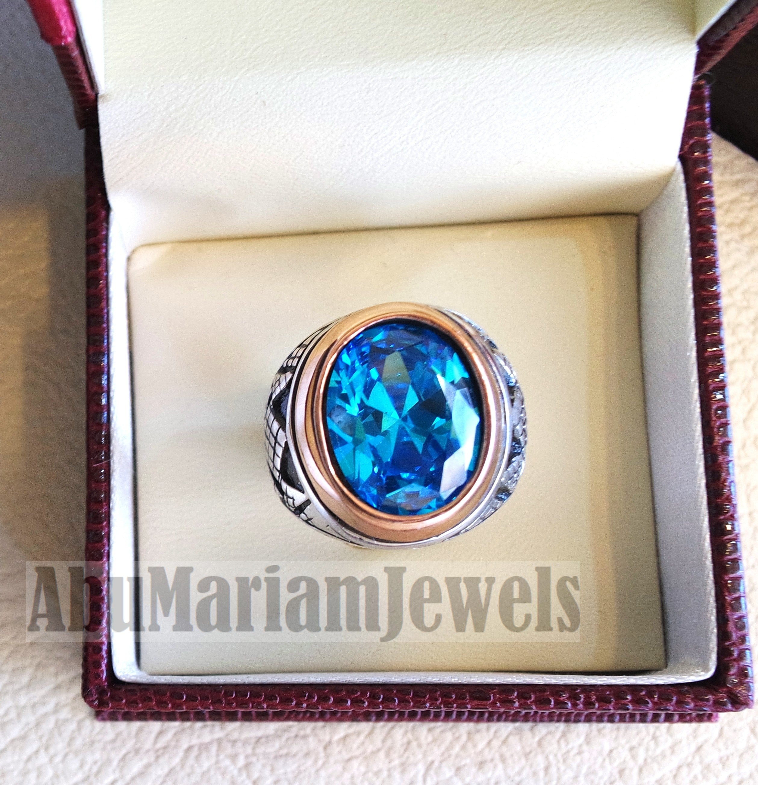 deep vivid sky blue cubic zircon oval 12 x 16 stone highest quality stone sterling silver 925 men ring and bronze frame all sizes jewelry