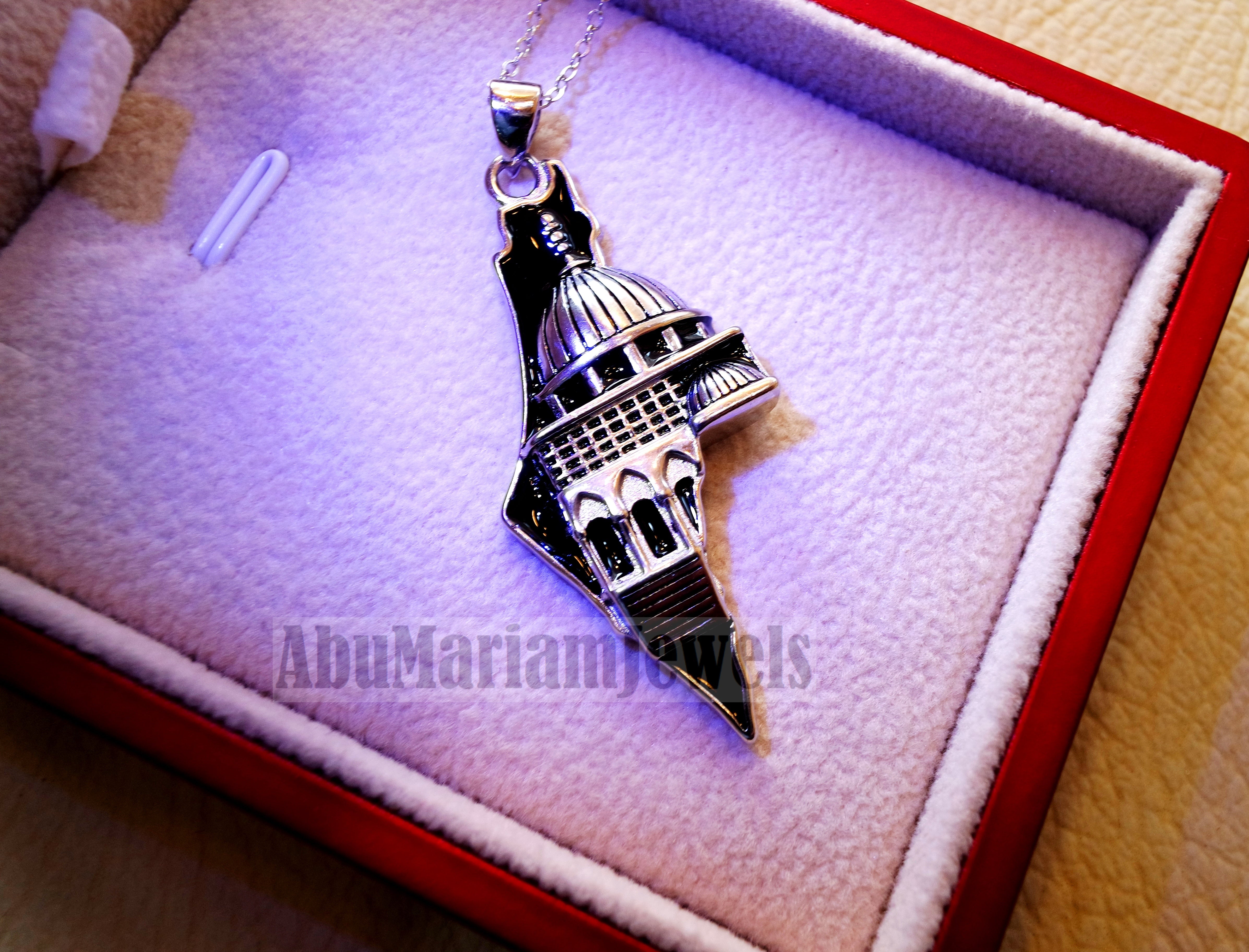 Big Palestine map with Aqsa mosque pendant sterling silver 925 white and black jewelry arabic fast shipping خارطه و علم فلسطين