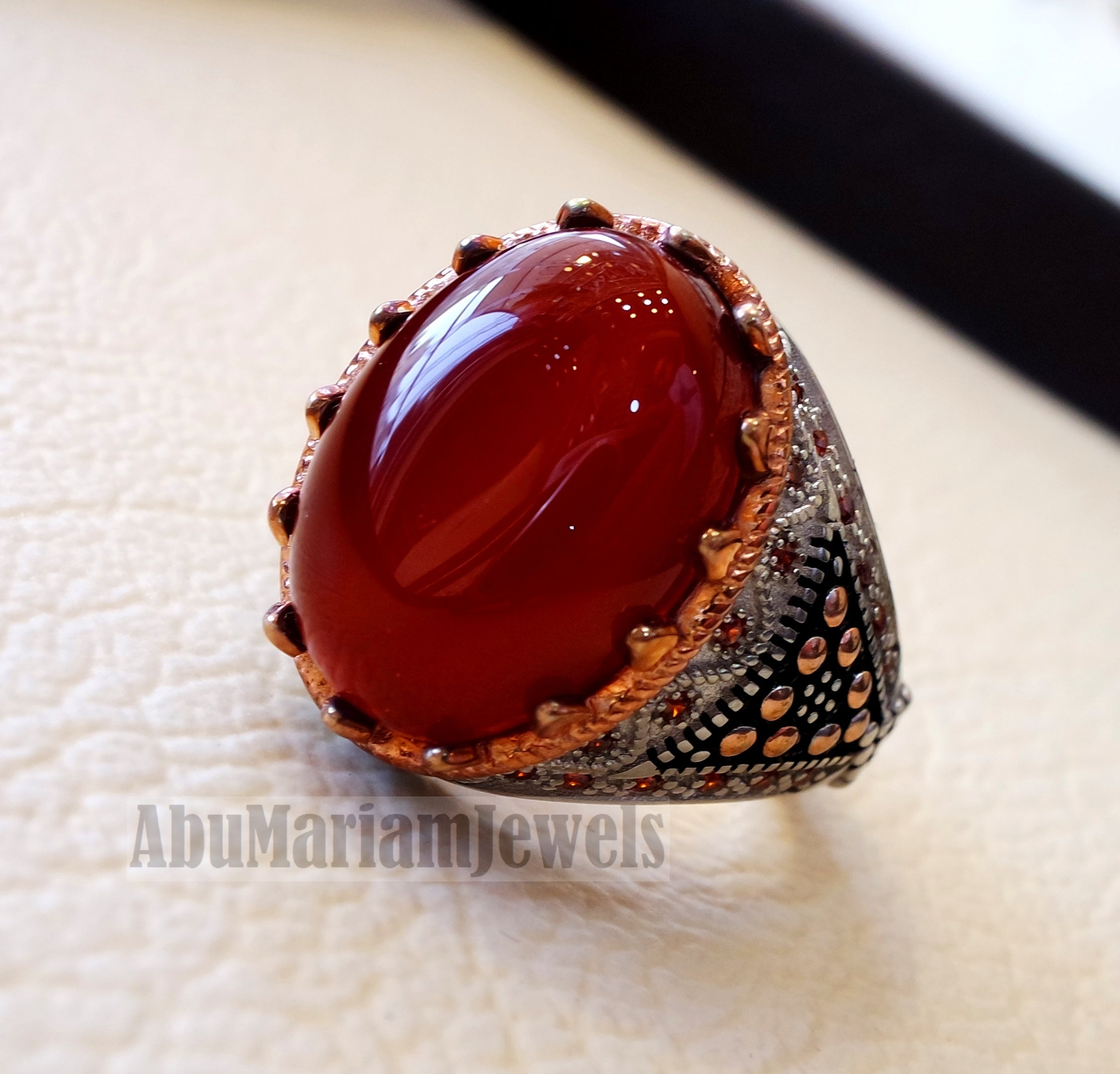 Aqeeq agate brown red natural semi precious carnelian stone man rings all sizes Arabic Ottoman Turkey antique style Orange fire cubic zirconia side