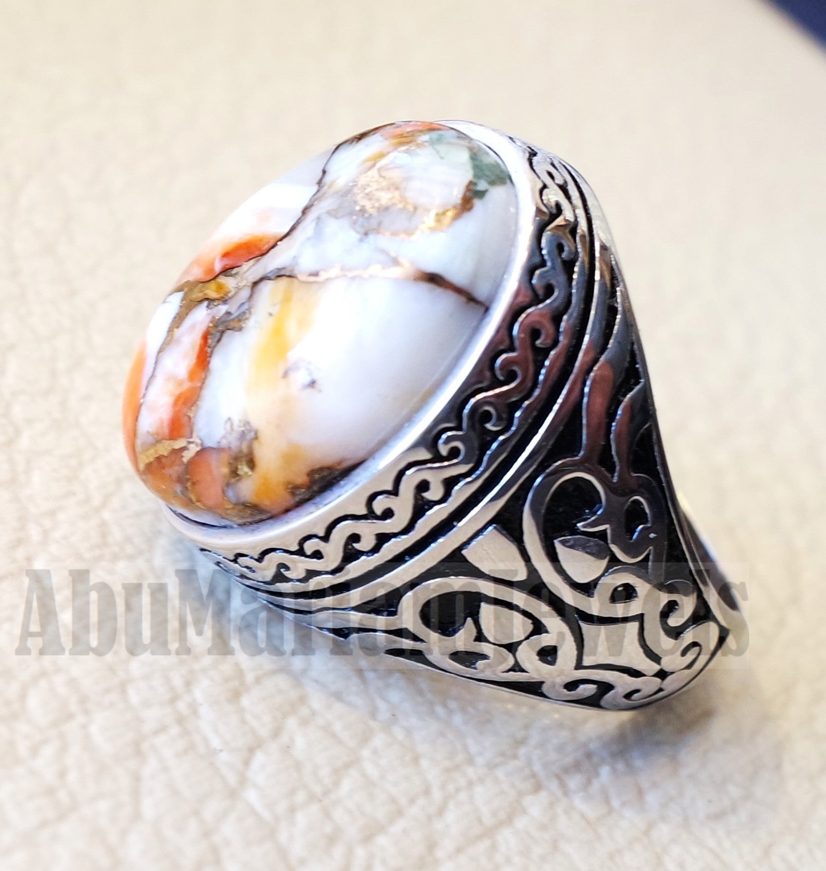 copper oyster man ring natural stone sterling silver 925 oval cabochon semi precious gem ottoman arabic style all sizes jewelry