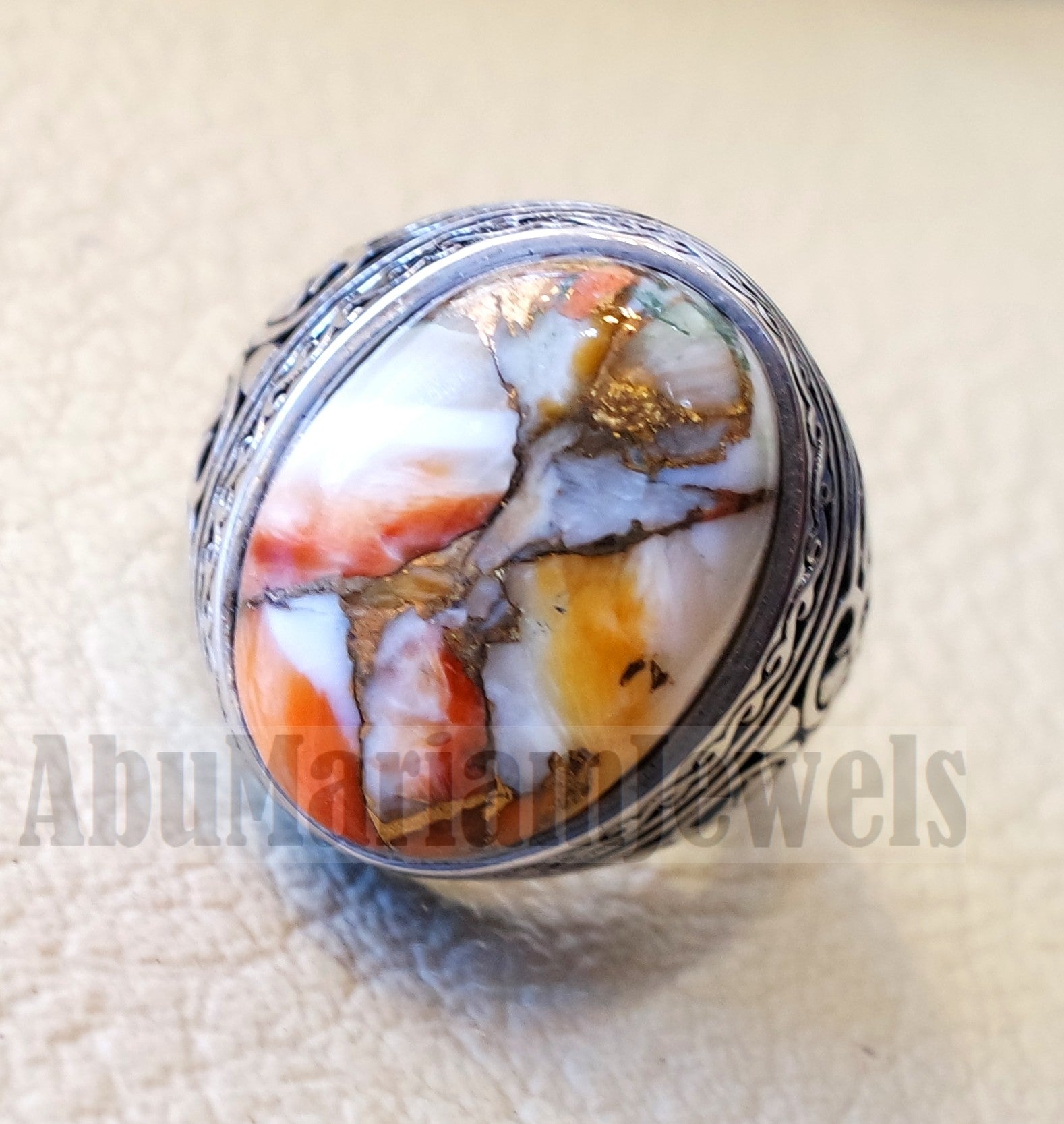 copper oyster man ring natural stone sterling silver 925 oval cabochon semi precious gem ottoman arabic style all sizes jewelry