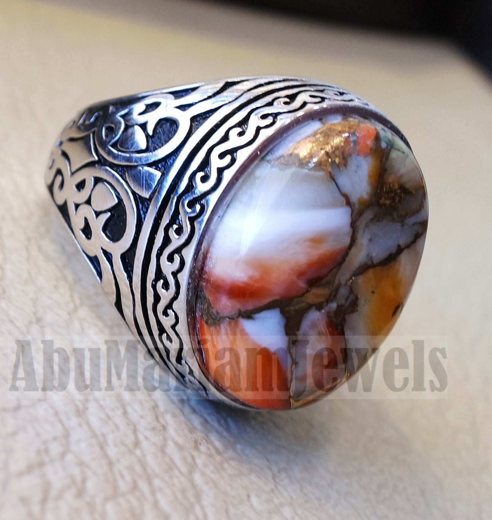 copper oyster man ring natural stone sterling silver 925 oval cabochon semi precious gem ottoman arabic style all sizes jewelry