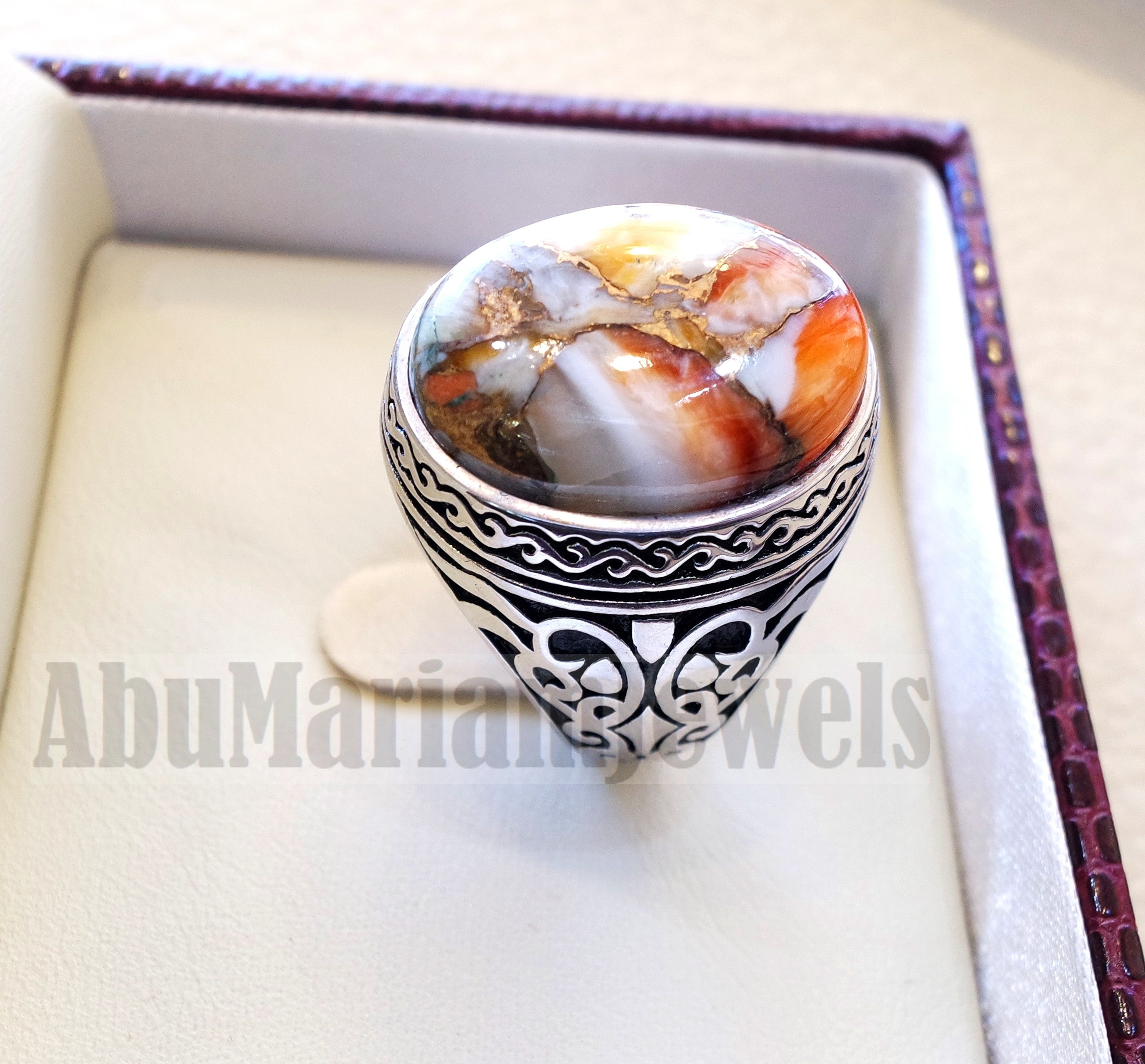 copper oyster man ring natural stone sterling silver 925 oval cabochon semi precious gem ottoman arabic style all sizes jewelry