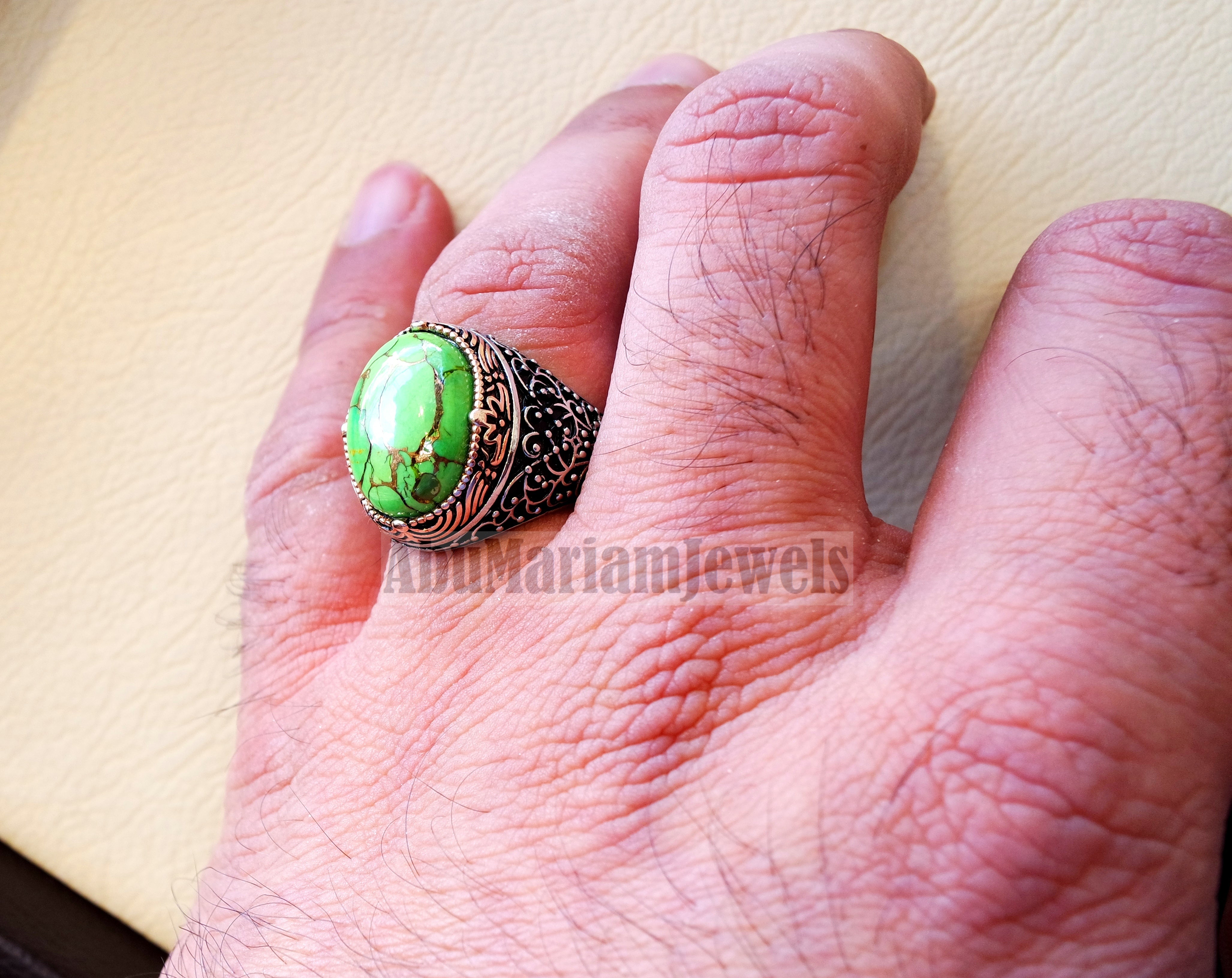 green copper turquoise natural stone men ring sterling silver 925 stunning genuine gem two tone ottoman arabic style jewelry all sizes