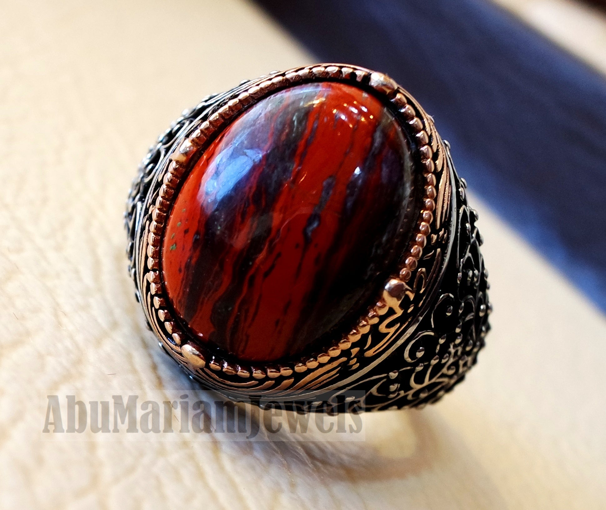 snake skin jasper man ring stone natural gem sterling silver 925 ring red and black oval semi precious cabochon jewelry bronze color frame