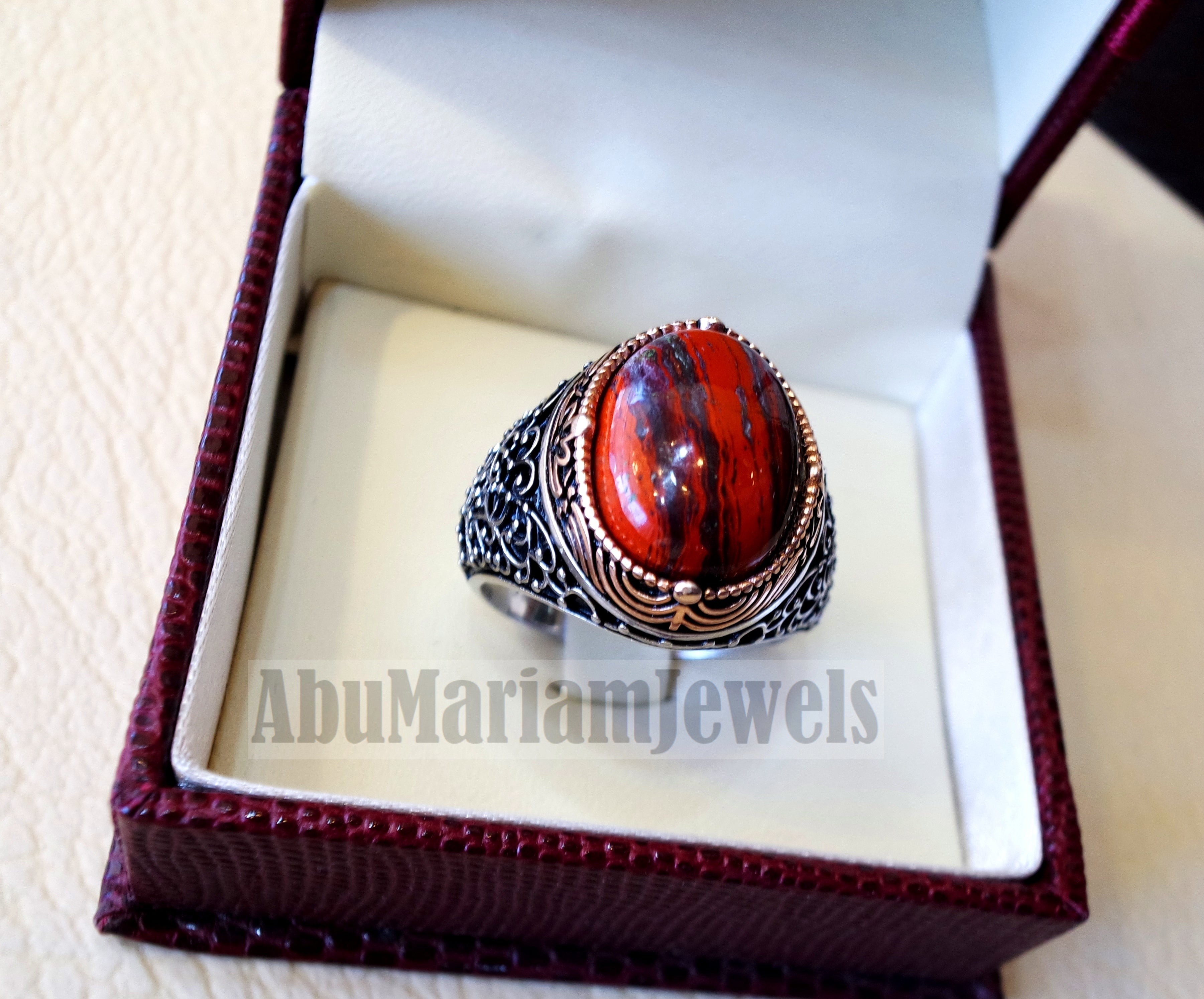 snake skin jasper man ring stone natural gem sterling silver 925 ring red and black oval semi precious cabochon jewelry bronze color frame