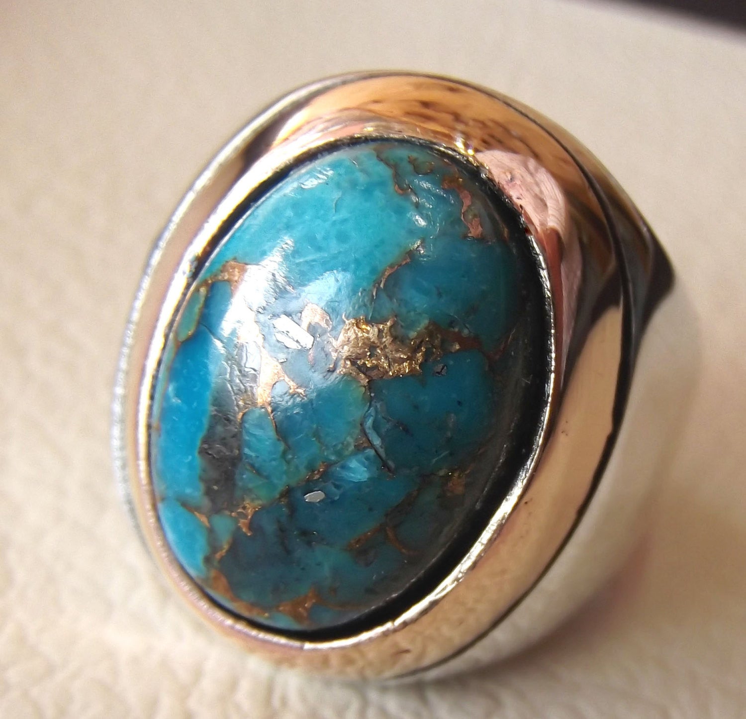 copper turquoise natural stone men sterling silver 925 ring oval cabochon semi precious gem bronze frame ottoman style all sizes jewelry