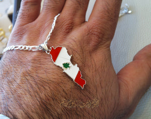 Lebanon map pendant with thick chain cedar tree flag colors sterling silver 925 k high quality jewelry Arabic fast shipping خريطة لبنان