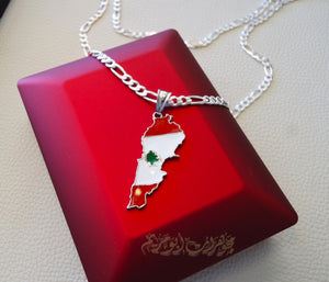 Lebanon map pendant with thick chain cedar tree flag colors sterling silver 925 k high quality jewelry Arabic fast shipping خريطة لبنان