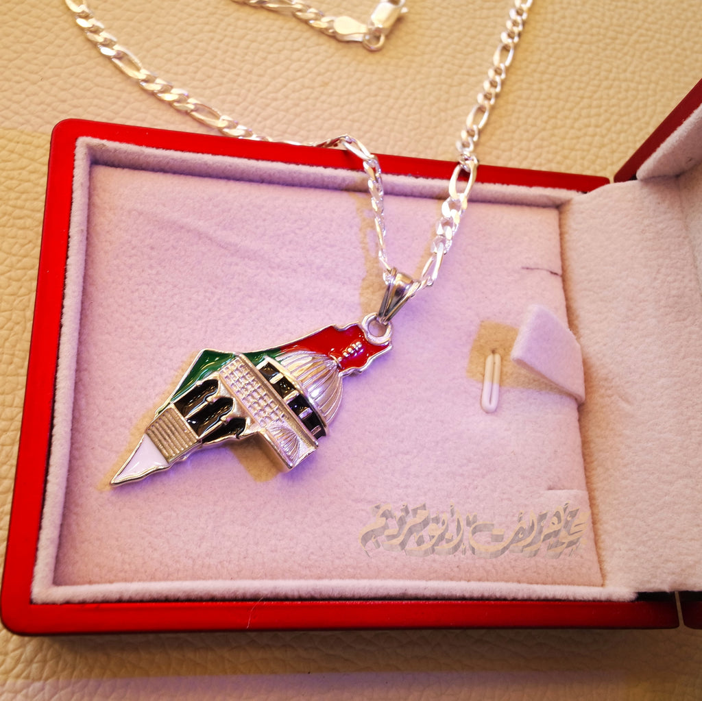 Big Palestine map with Aqsa mosque pendant with thick chain sterling silver 925 flag colors jewelry Arabic fast shipping خارطه و علم فلسطين