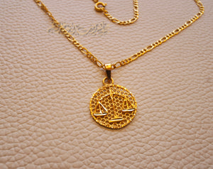 Justice scale lawyer or Judge gift 21 k gold round pendant and filigree chain fine jewelry necklace fast shipping