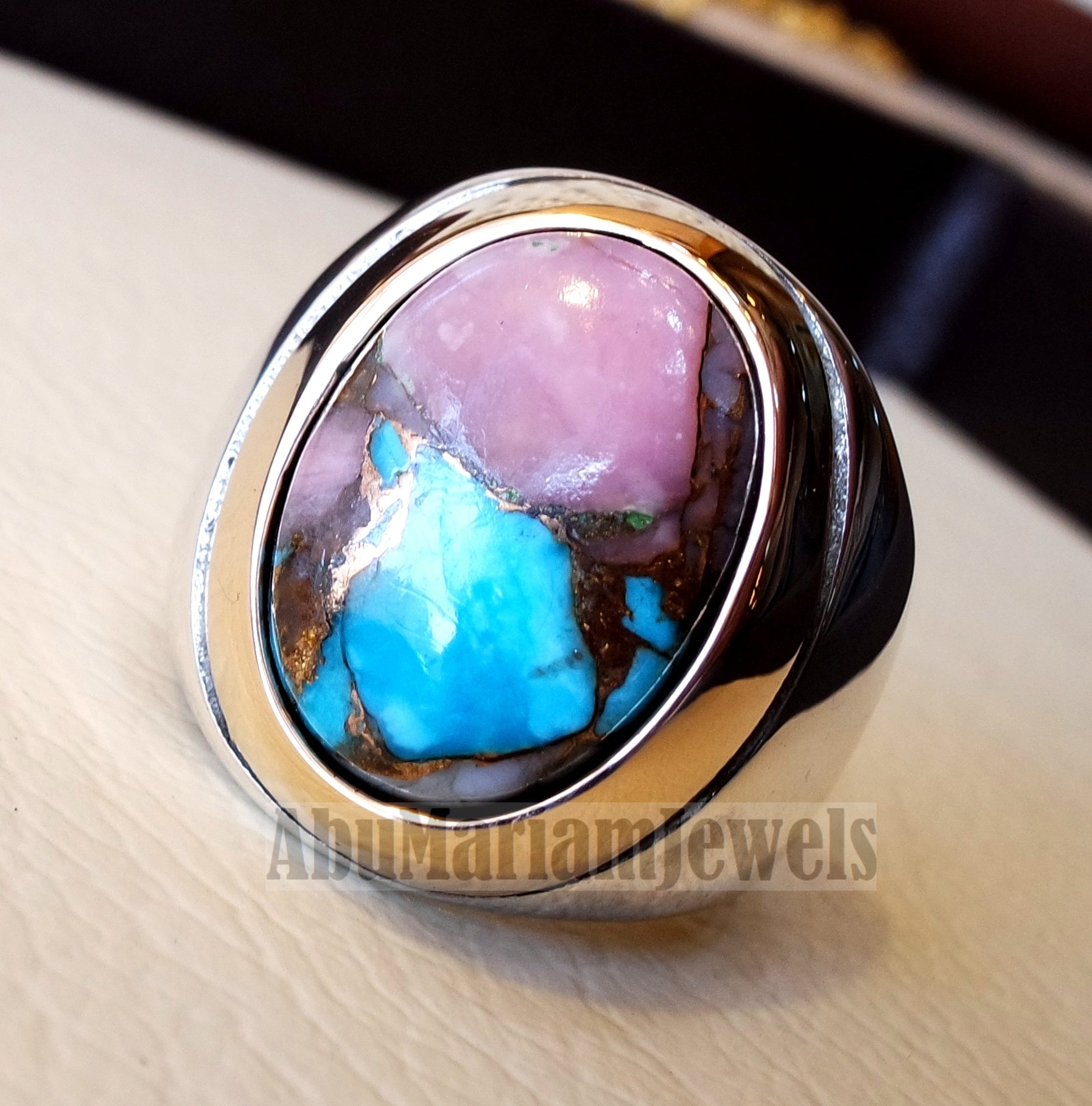 Copper pink Opal Turquoise blue natural stone ring sterling silver 925 bronze frame men jewelry all sizes gem middle eastern style