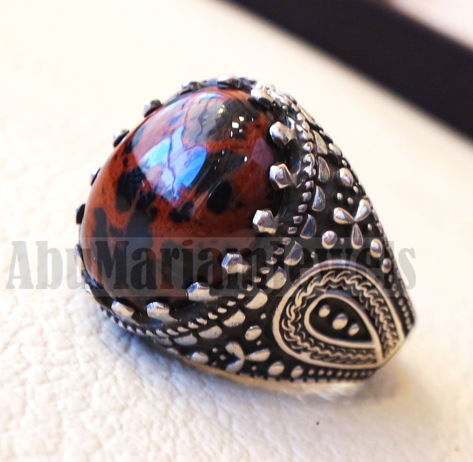 mahagony obsidian man ring stone natural gem sterling silver 925 ring brown and black oval semi precious cabochon jewelry protective stone