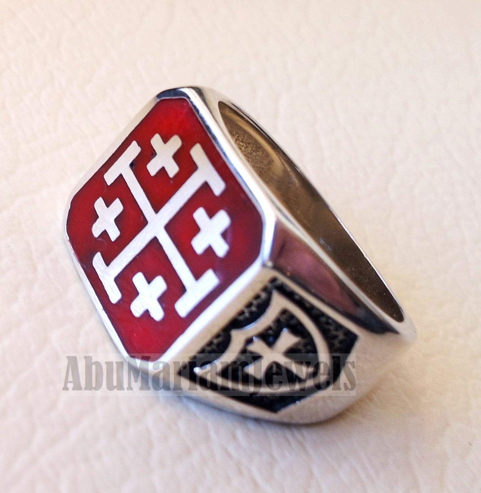 Jerusalem Cross ring christ christian symbol sterling silver 925 red enamel man gift jewelry fast shipping square shape Catholic Orthodox