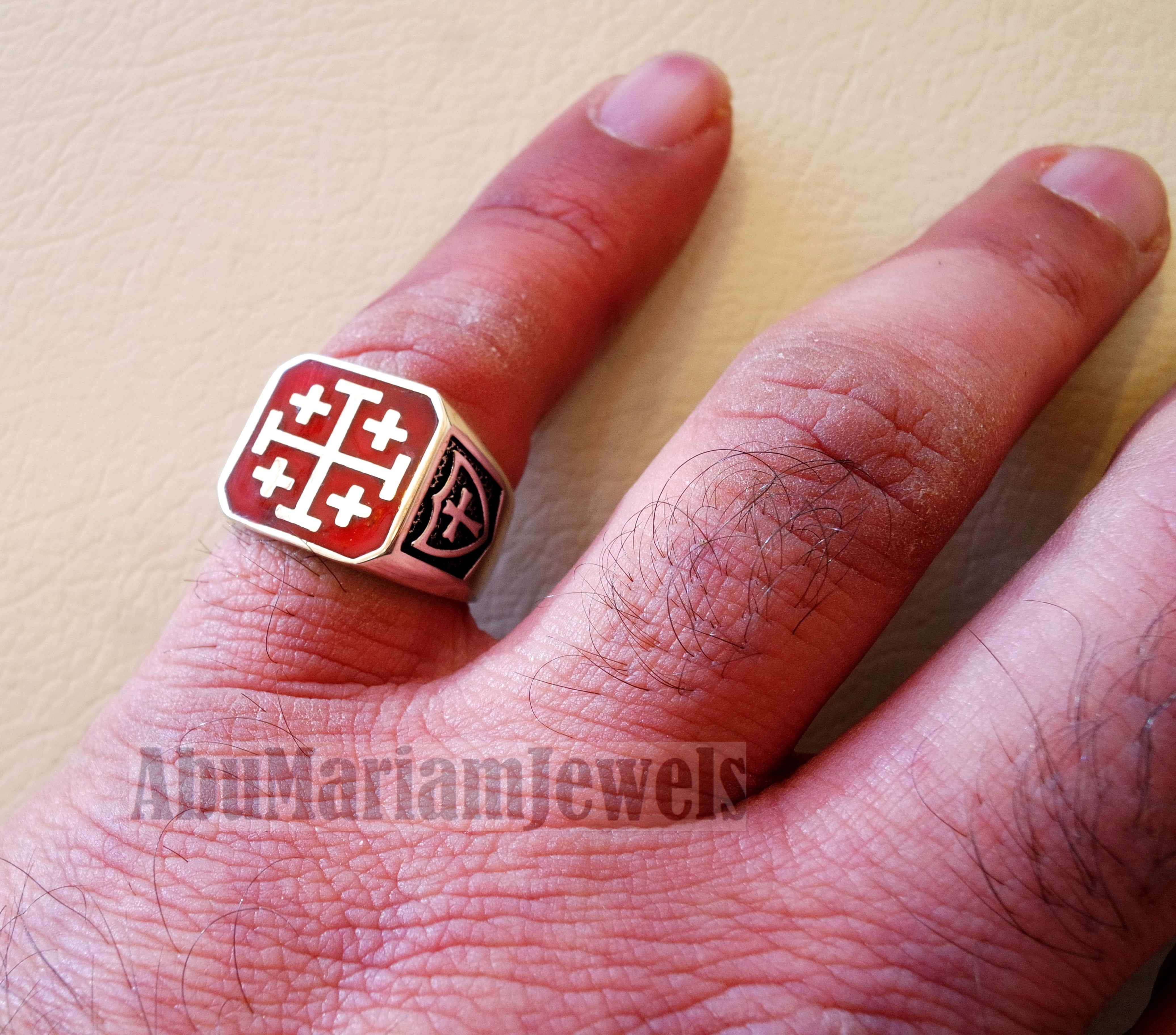 Jerusalem Cross ring christ christian symbol sterling silver 925 red enamel man gift jewelry fast shipping square shape Catholic Orthodox