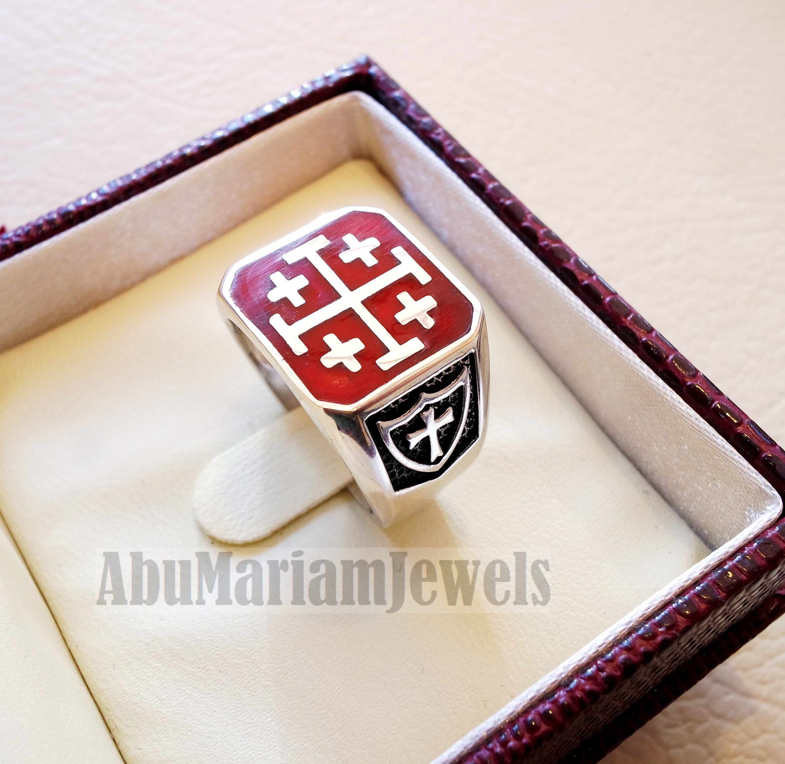 Jerusalem Cross ring christ christian symbol sterling silver 925 red enamel man gift jewelry fast shipping square shape Catholic Orthodox