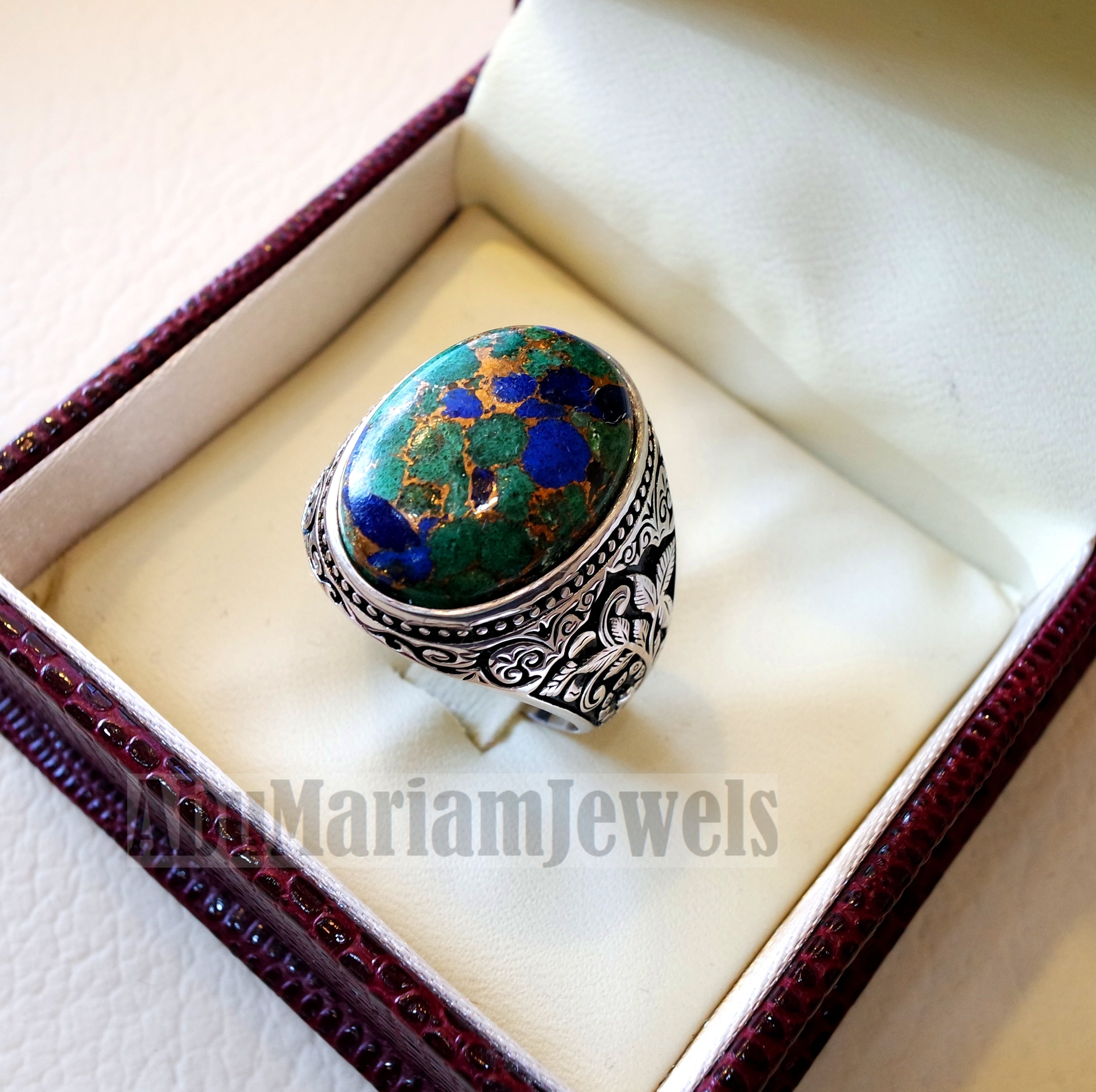 man ring copper Azurite natural stone sterling silver 925 oval cabochon semi precious gem style all sizes jewelry