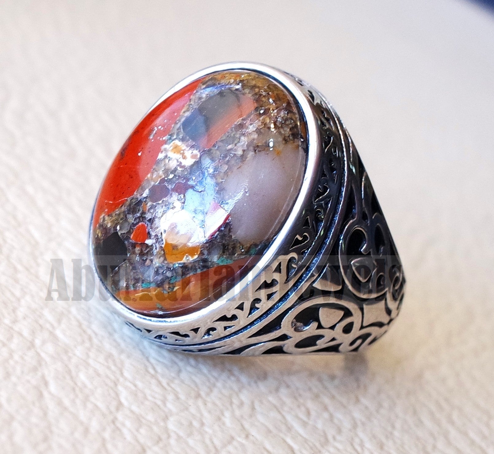 man ring Conglomerate natural stone sterling silver 925 oval cabochon semi precious gem ottoman style all sizes jewelry red brown white