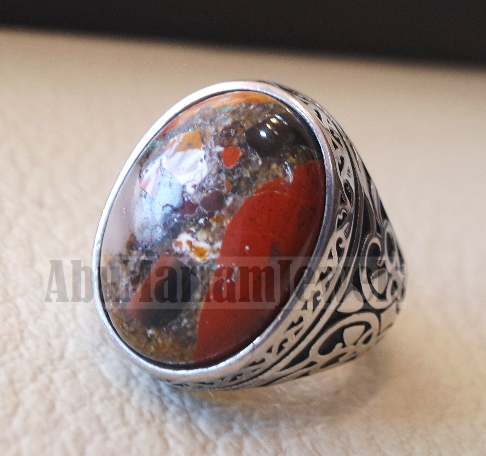 man ring Conglomerate natural stone sterling silver 925 oval cabochon semi precious gem ottoman style all sizes jewelry red brown white