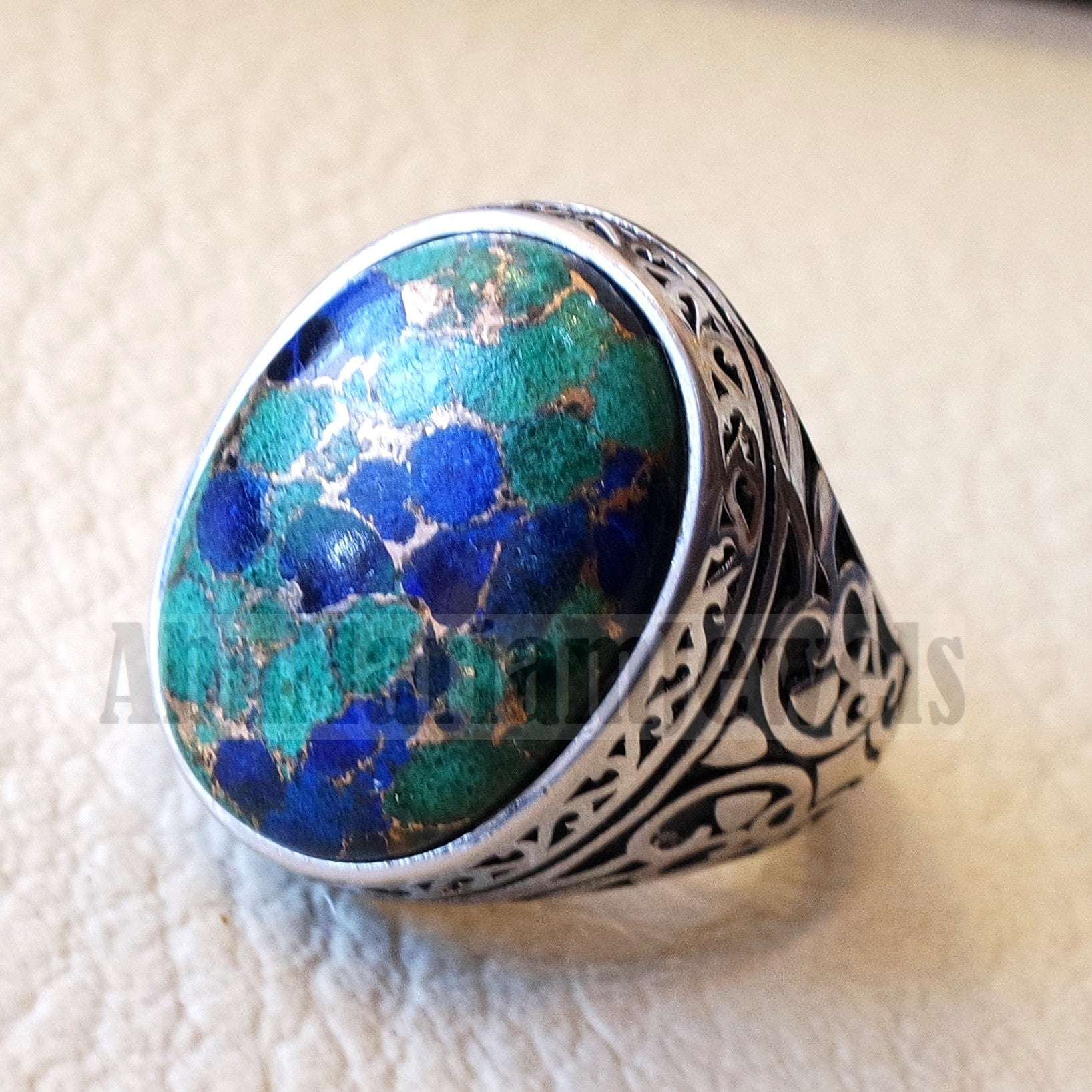 man ring copper Azurite natural stone sterling silver 925 oval cabochon semi precious gem ottoman arabic style all sizes jewelry