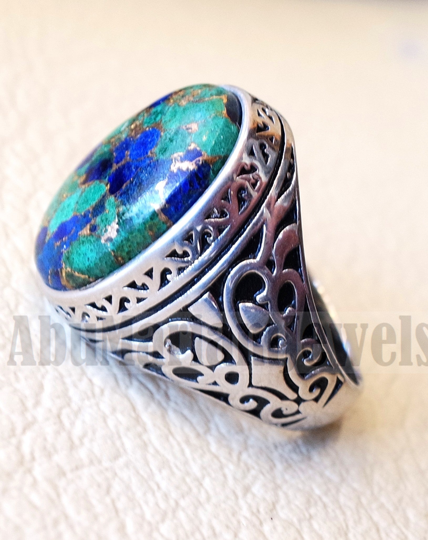 man ring copper Azurite natural stone sterling silver 925 oval cabochon semi precious gem ottoman arabic style all sizes jewelry