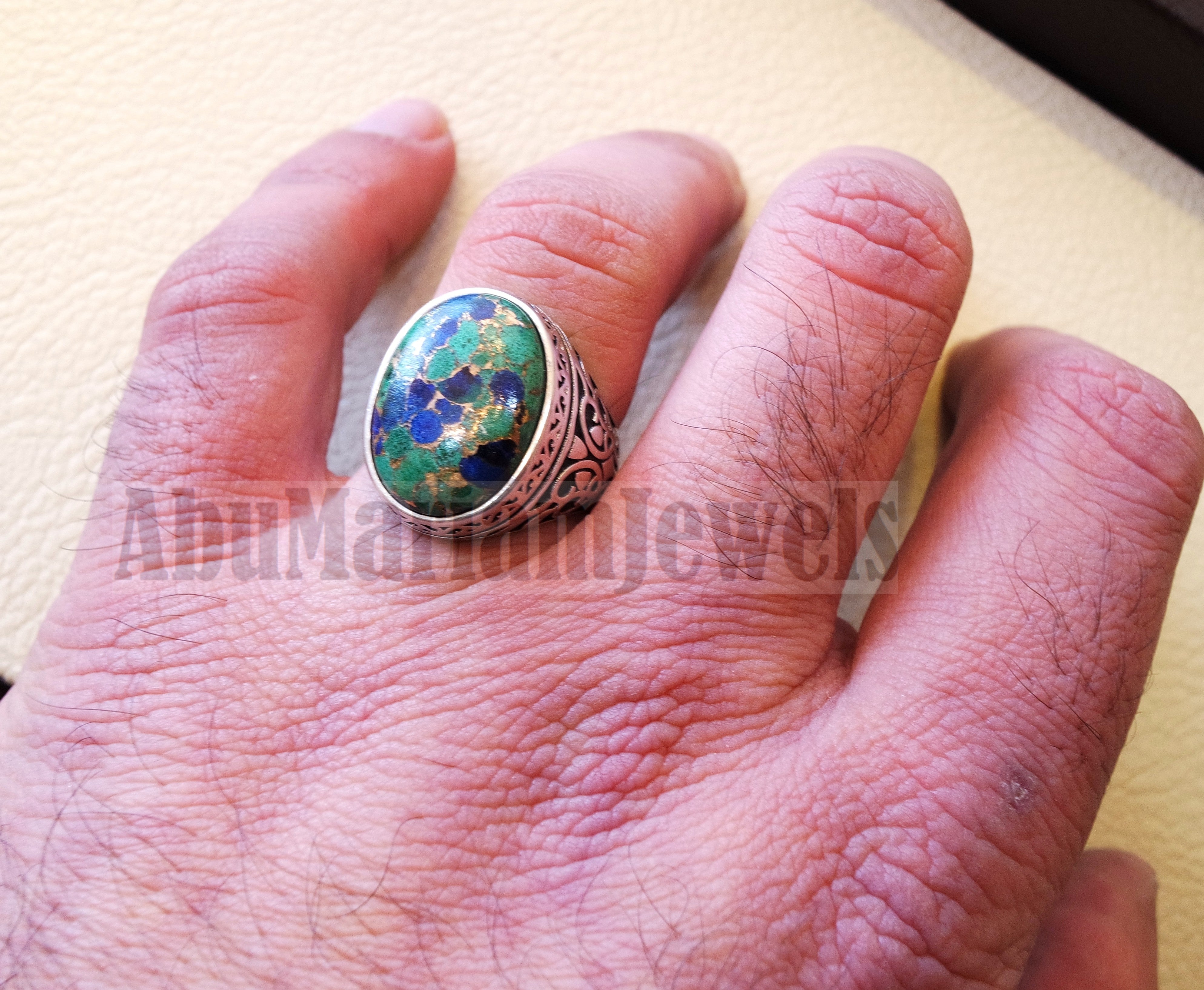 man ring copper Azurite natural stone sterling silver 925 oval cabochon semi precious gem ottoman arabic style all sizes jewelry