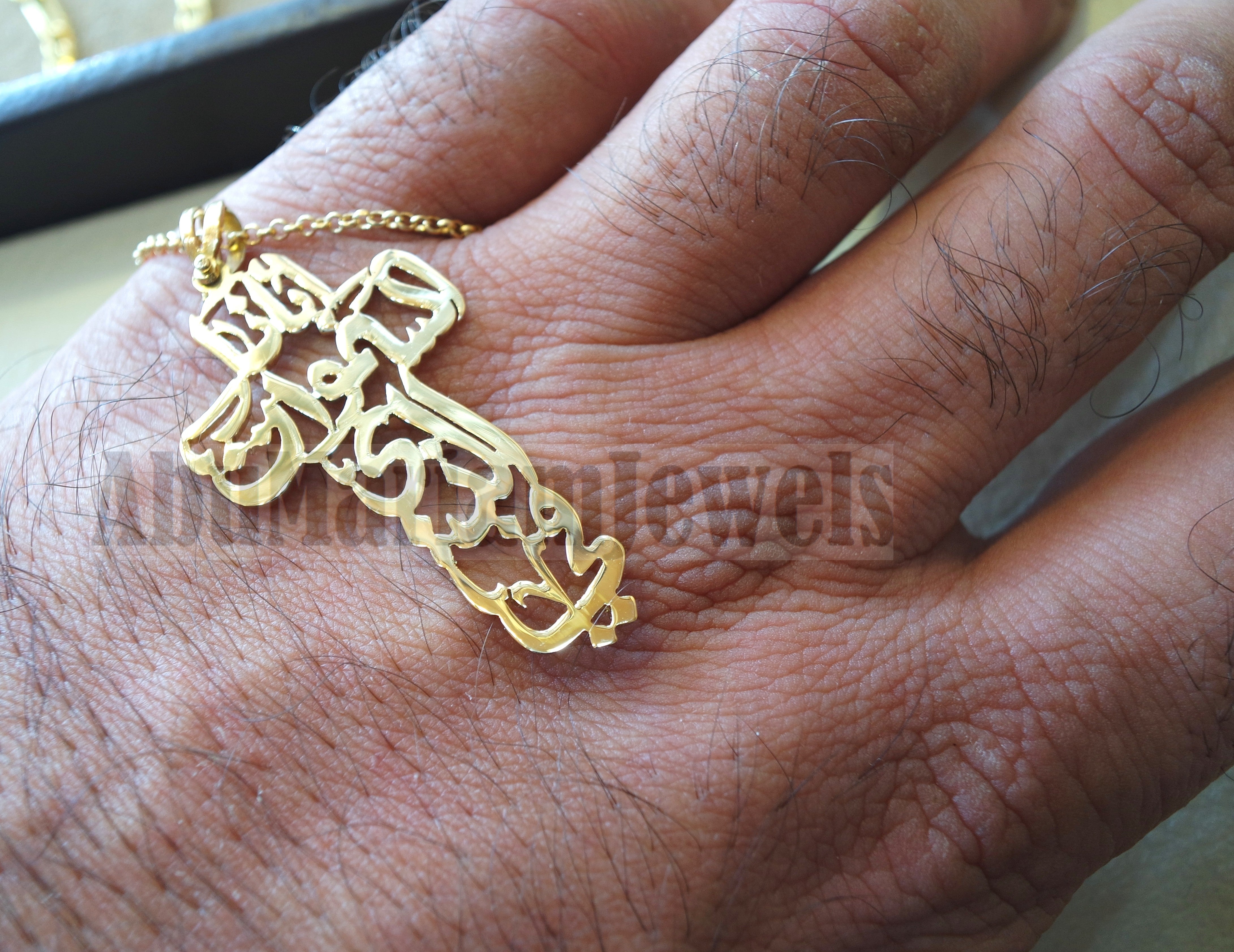 Arabic calligraphy cross our father who art in heaven pendant with chain 18 k gold catholic orthodox christianity handmade fast shipping