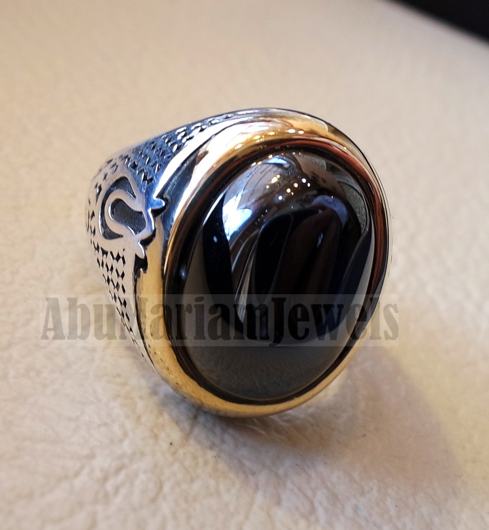 natural onyx agate black stone sterling silver 925 men ring gift arabic turkish ottoman antique style all sizes jewelry with bronze frame