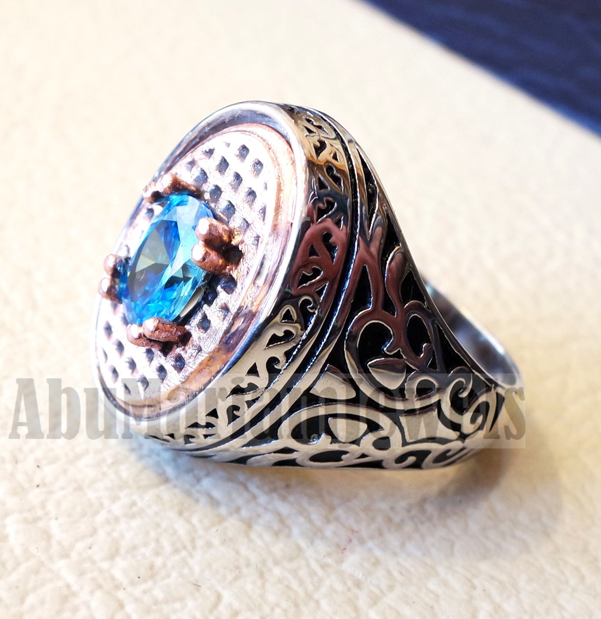 deep vivid sky blue cubic zirconia oval stone highest quality stone sterling silver 925 men ring and bronze frame all sizes jewelry