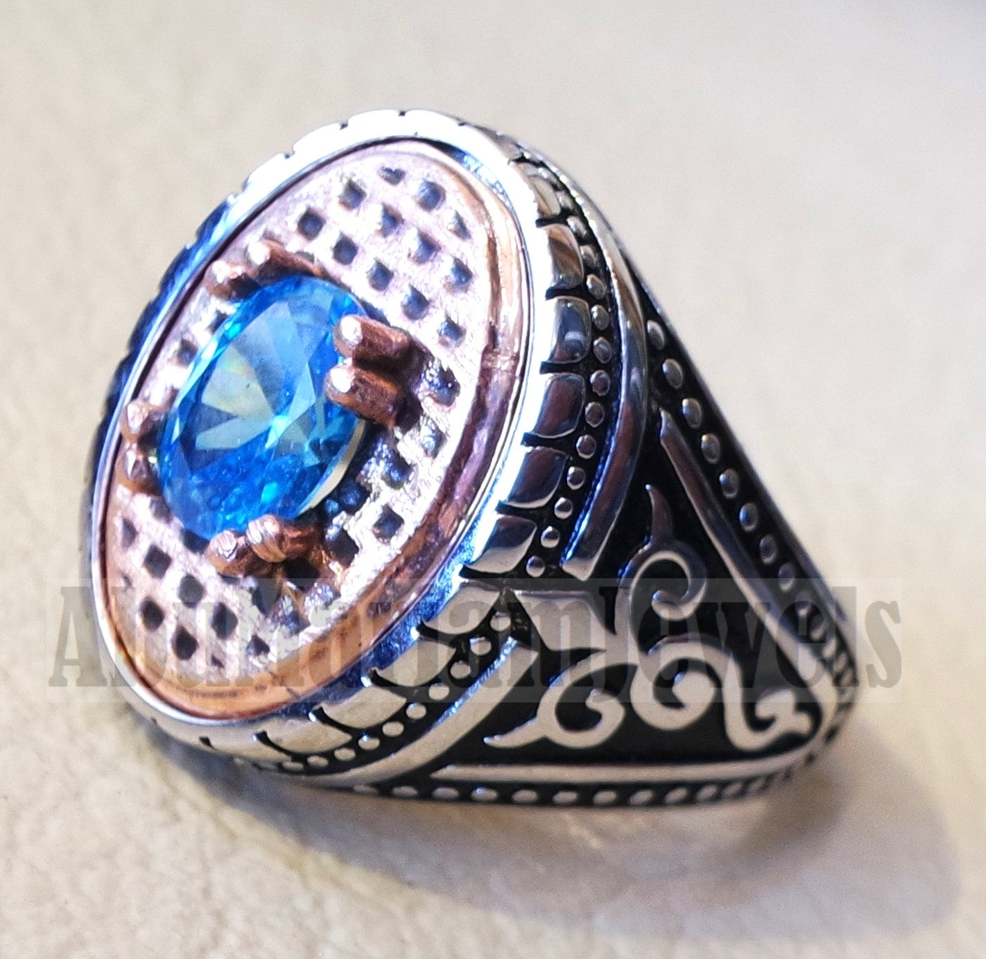 deep vivid sky blue cubic zirconia oval stone highest quality stone sterling silver 925 men ring and bronze frame all sizes jewelry Br102