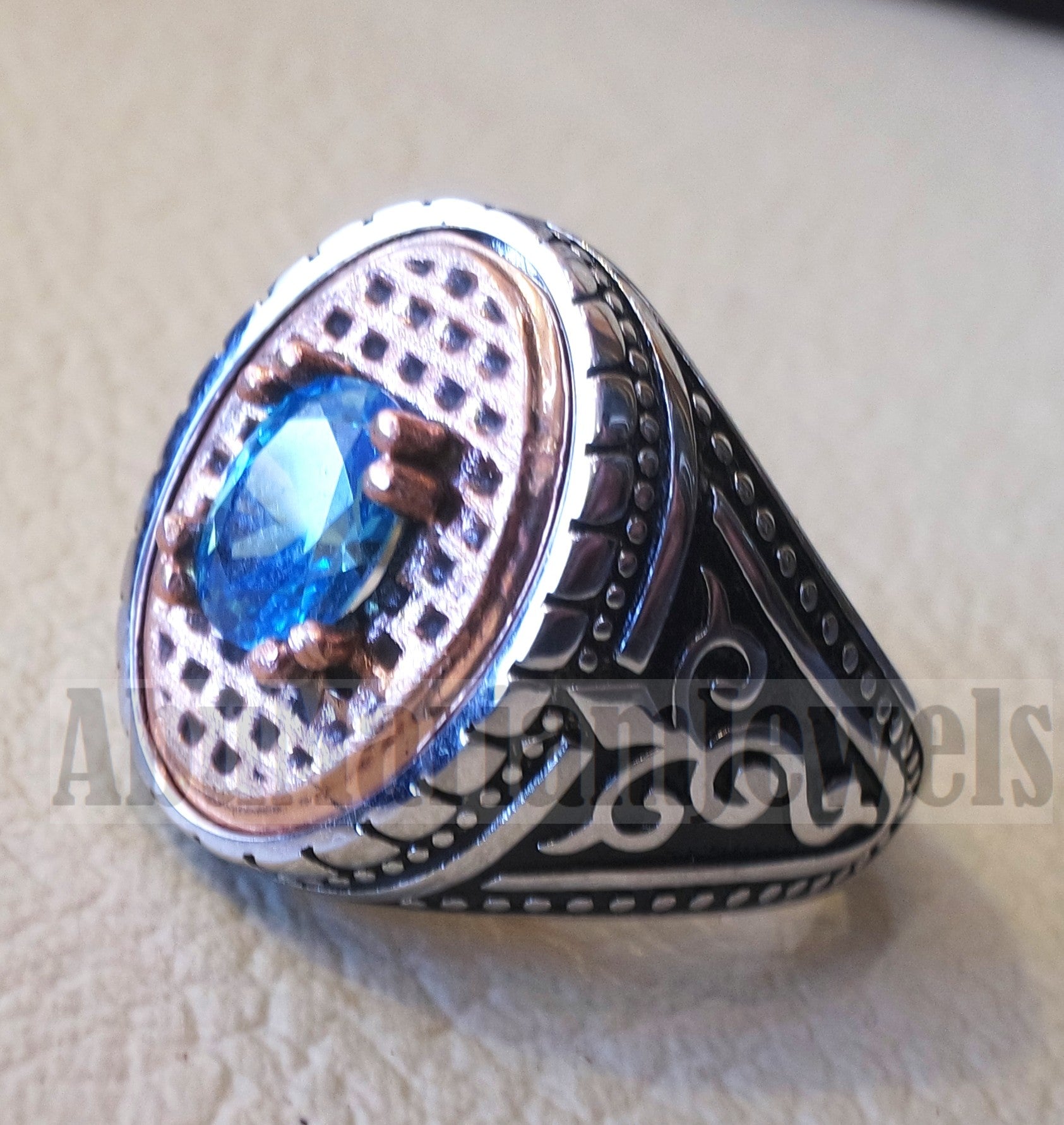 deep vivid sky blue cubic zirconia oval stone highest quality stone sterling silver 925 men ring and bronze frame all sizes jewelry Br102