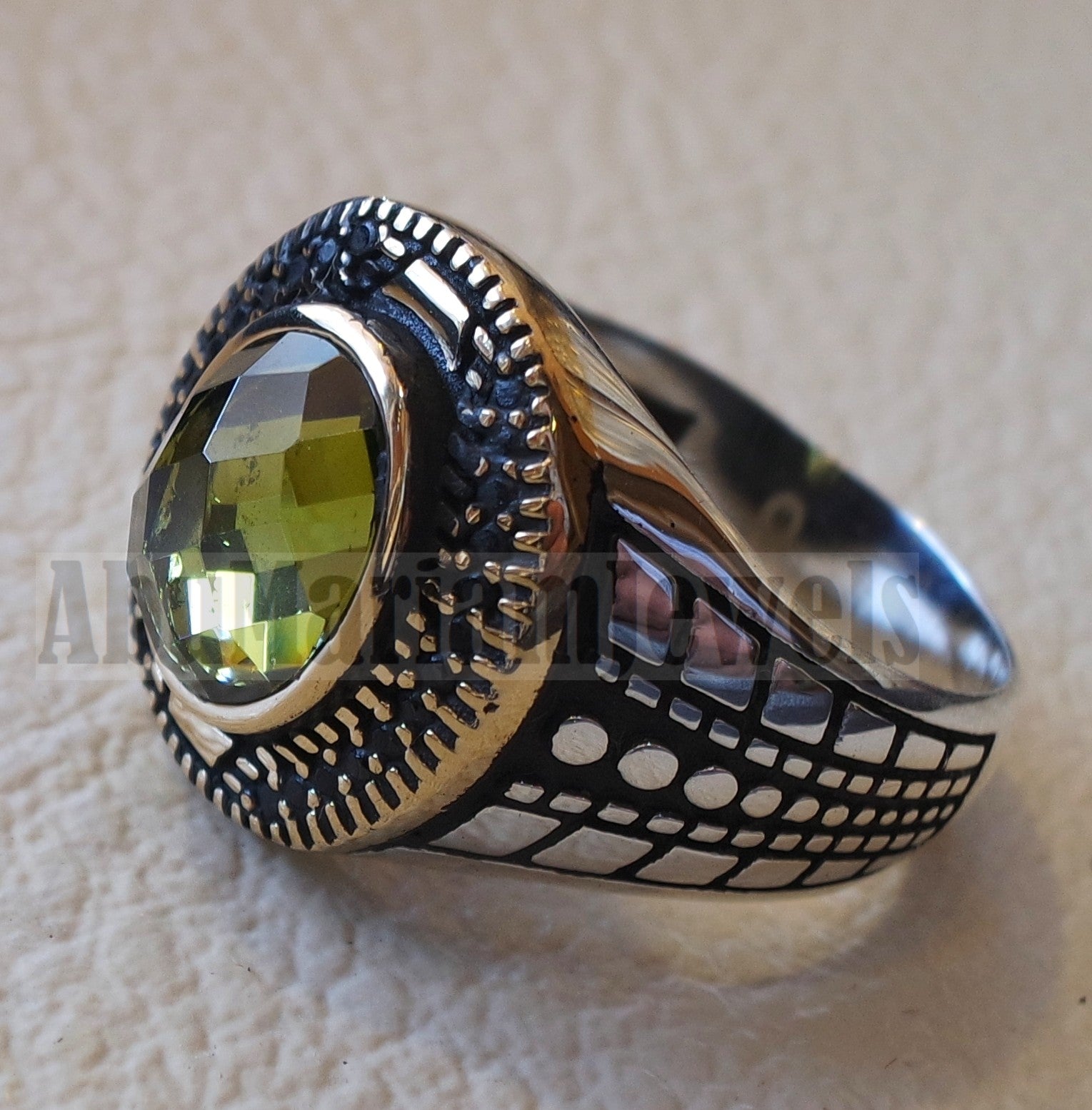 Oval peridot green cabochon imitation sterling silver 925 black cubic zircon men ring all sizes arabic turkish ottoman jewelry bronze frame زبرجد