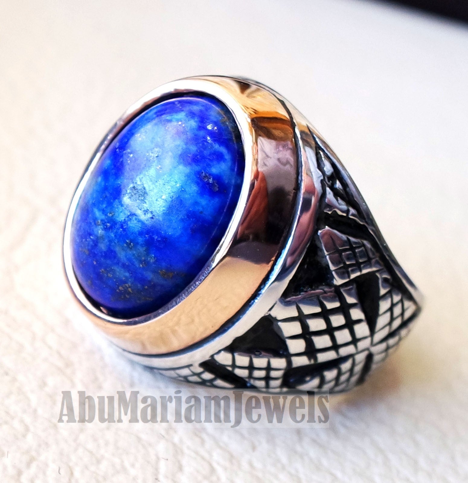 lapis lazuli oval cabochon natural blue stone ring bronze and sterling silver 925 men jewelry all sizes 16 * 12 mm ottoman middle eastern