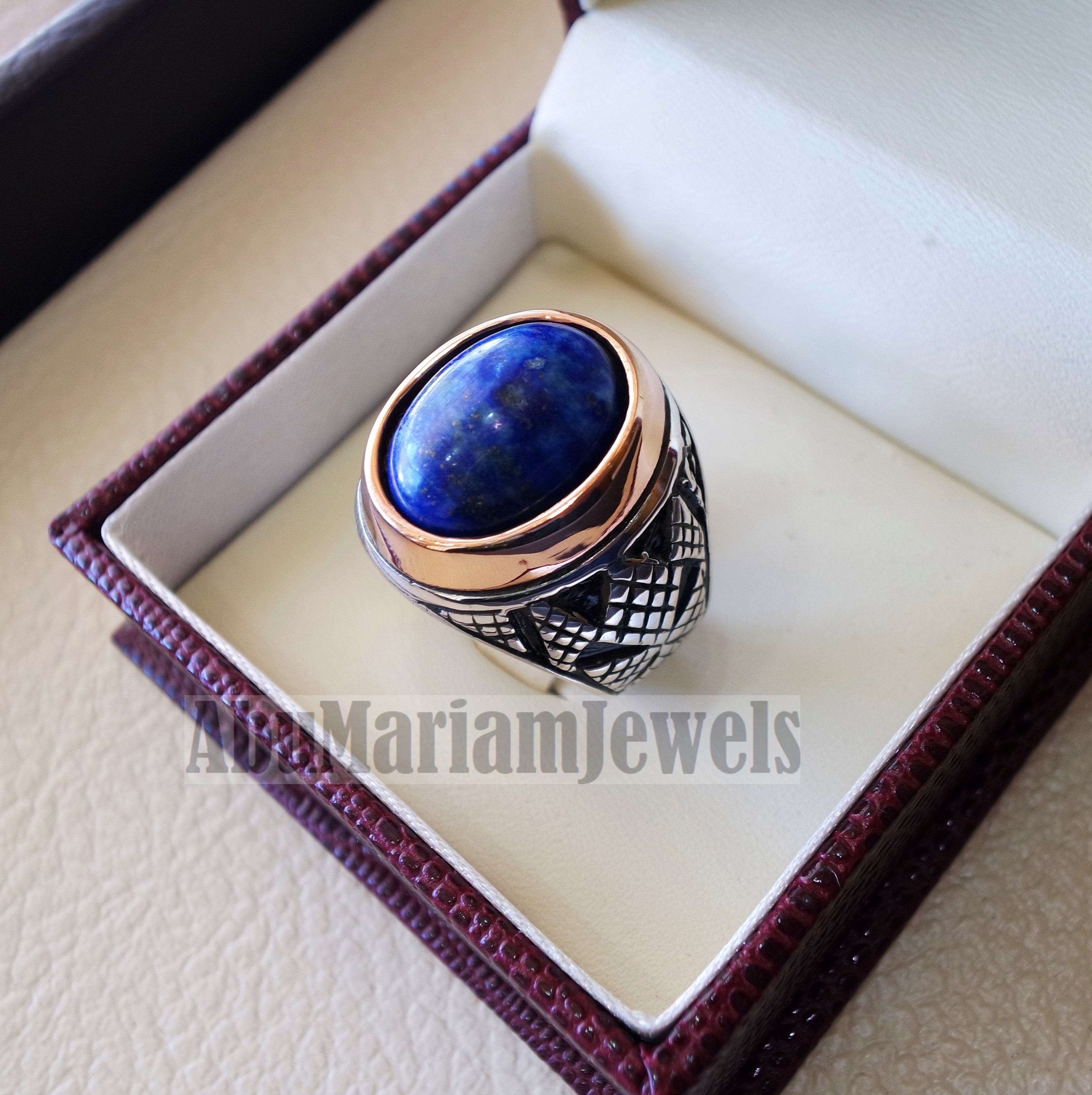 lapis lazuli oval cabochon natural blue stone ring bronze and sterling silver 925 men jewelry all sizes 16 * 12 mm ottoman middle eastern