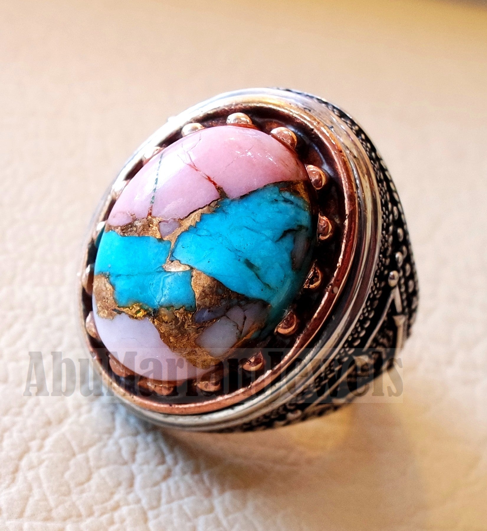 Copper pink Opal Turquoise blue natural stone ring sterling silver 925 men jewelry all sizes semi gem highest quality middle eastern style