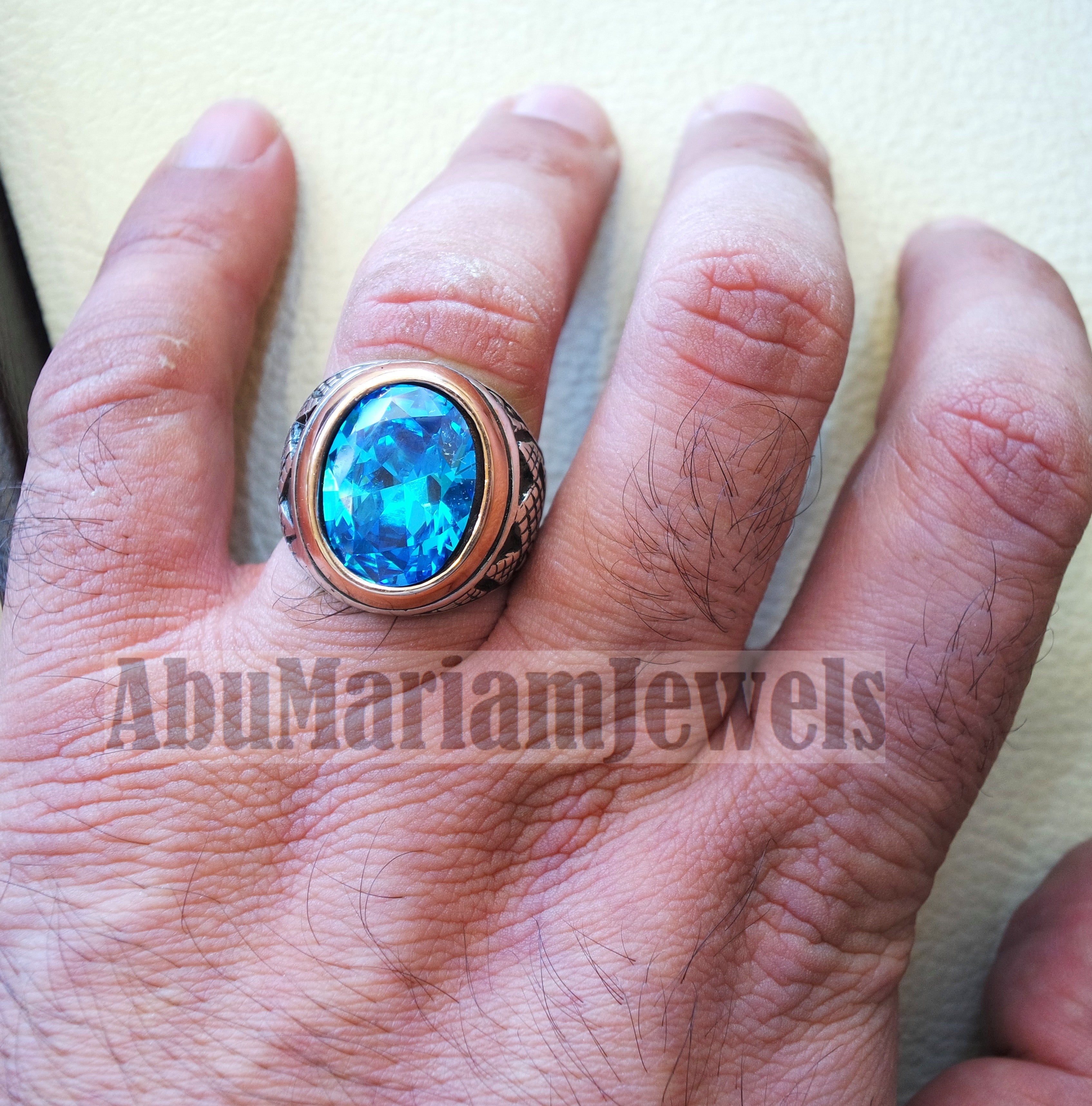 deep vivid sky blue cubic zircon oval 12 x 16 stone highest quality stone sterling silver 925 men ring and bronze frame all sizes jewelry